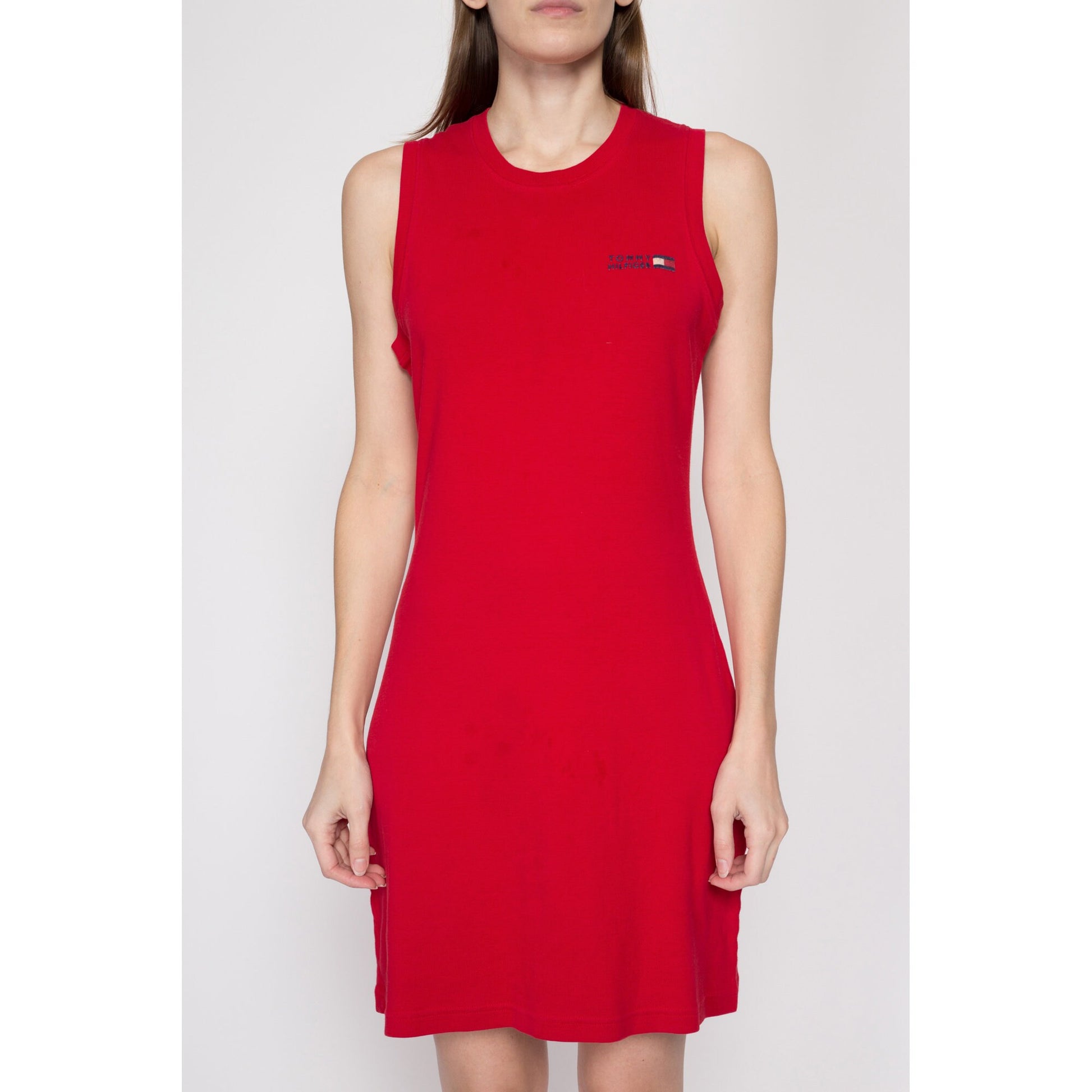 Medium 90s Tommy Hilfiger Red Mini Dress | Vintage Sporty Sleeveless Stretchy Tank Dress