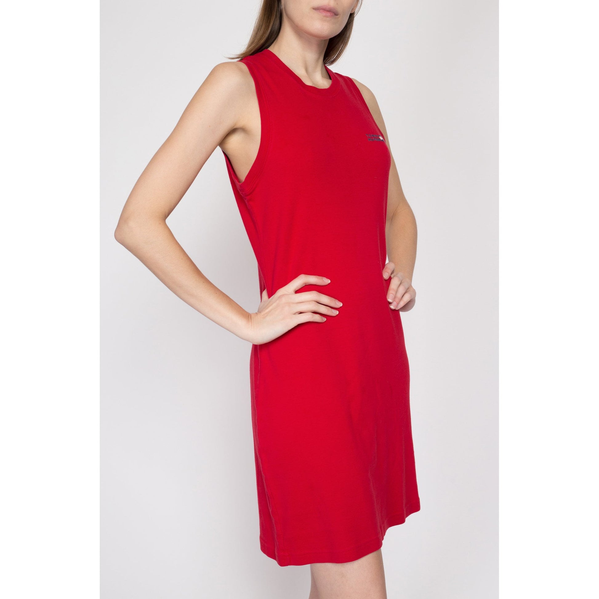 Medium 90s Tommy Hilfiger Red Mini Dress | Vintage Sporty Sleeveless Stretchy Tank Dress