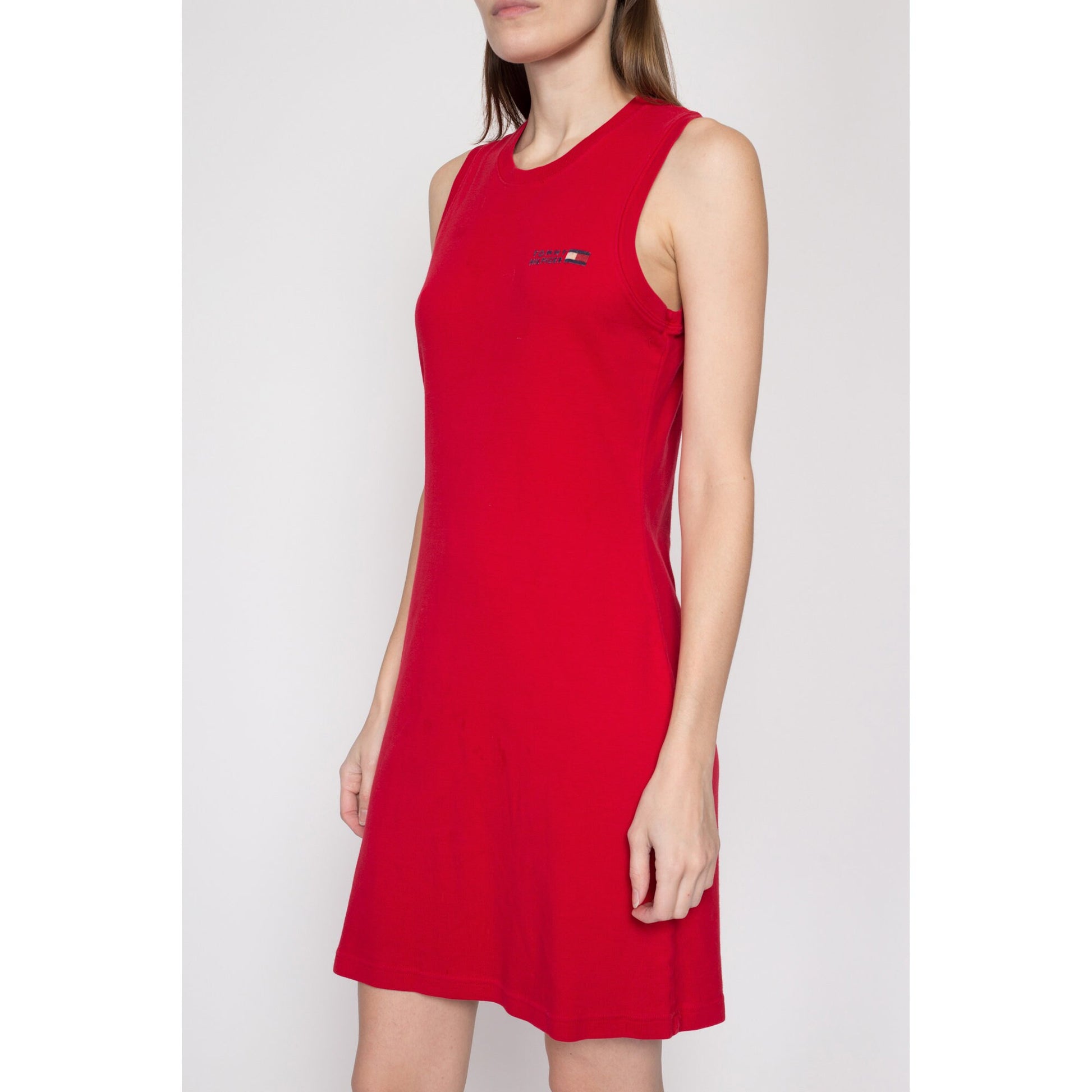 Medium 90s Tommy Hilfiger Red Mini Dress | Vintage Sporty Sleeveless Stretchy Tank Dress