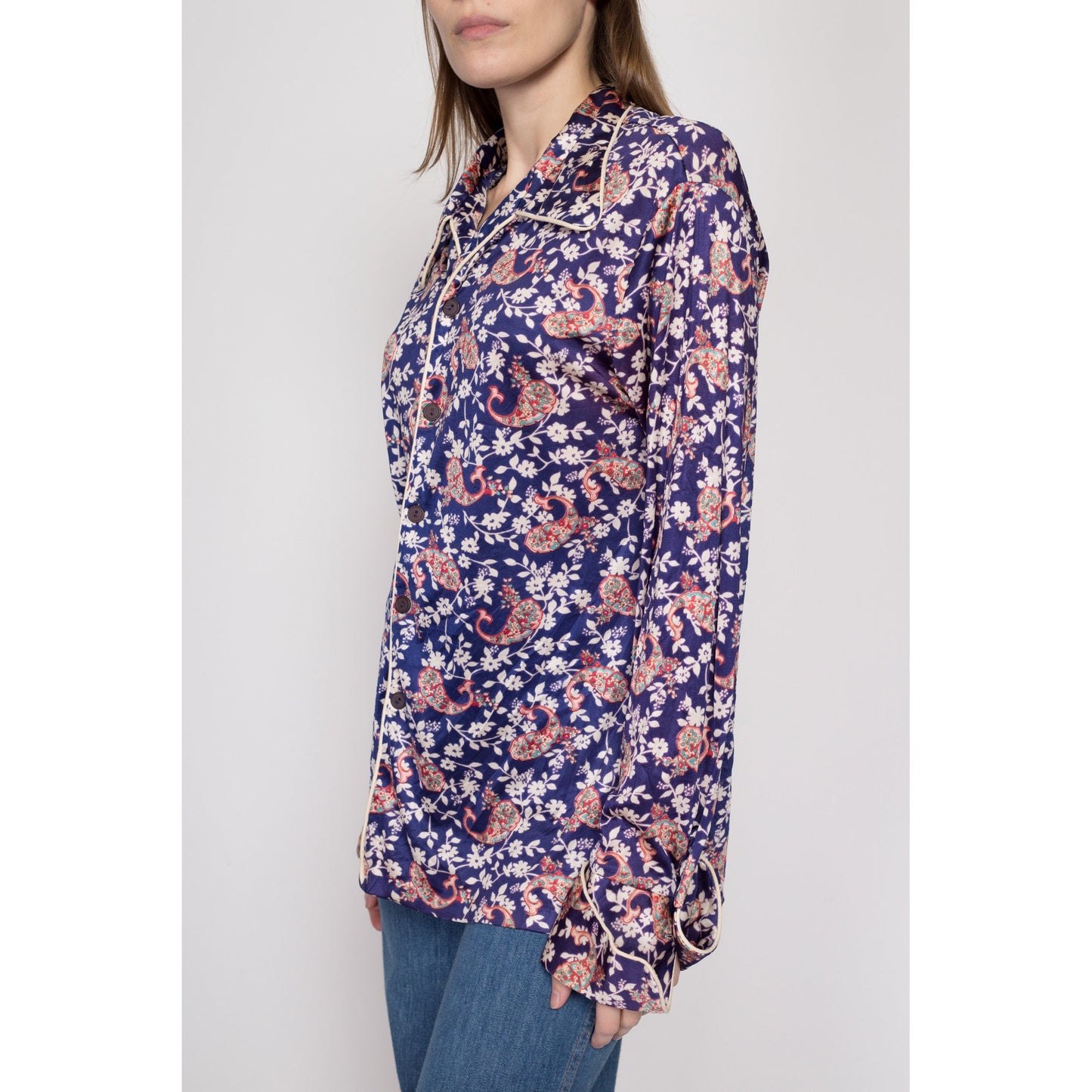 70s Mr. Jan Purple Floral Satin Shirt | Boho Vintage Loungewear Disco Pajama Top