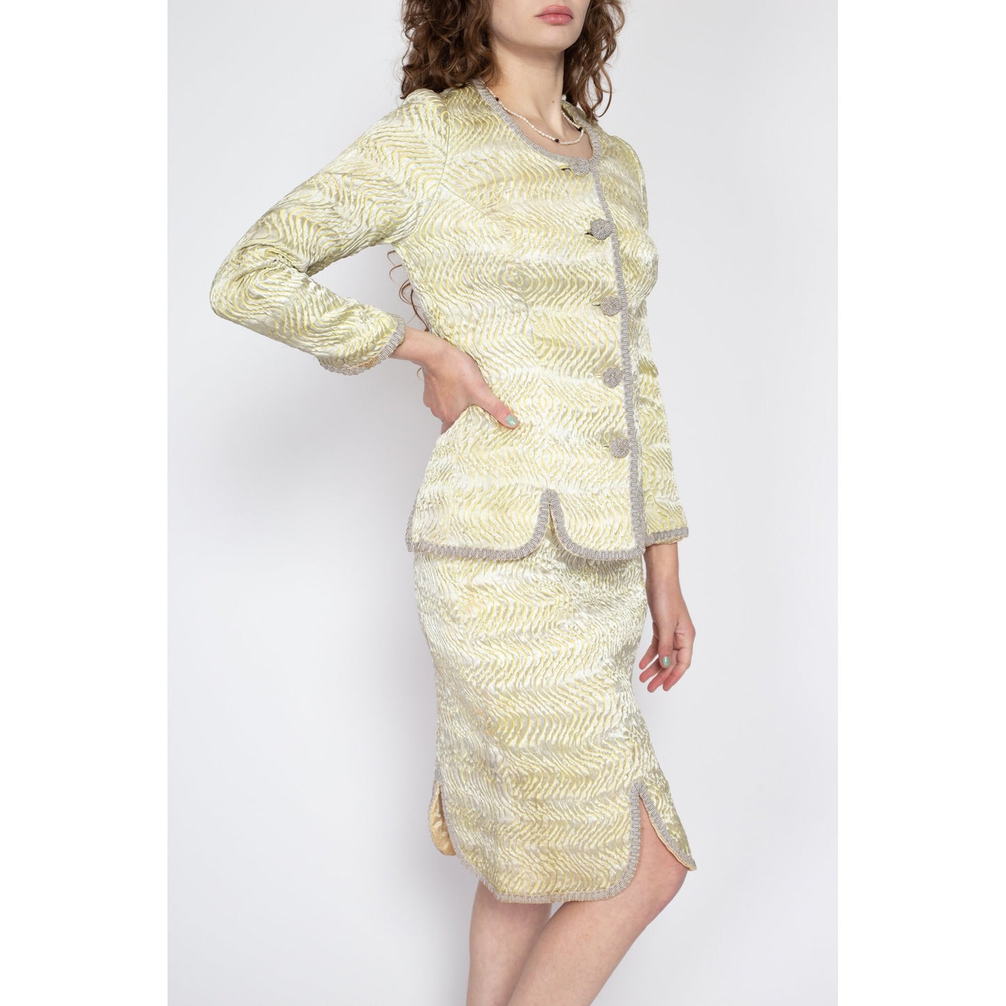 Small 60s Quilted Plisse Blazer & Mini Skirt Set | Vintage Silver Yellow Scalloped Petal Hem Two Piece Suit Outfit