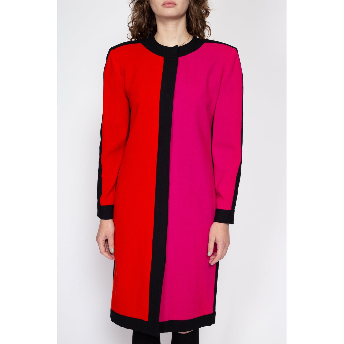 Medium 80s Hot Pink & Orange Color Block Wool Dress | Vintage Long Sleeve Button Up Midi Sweater Dress