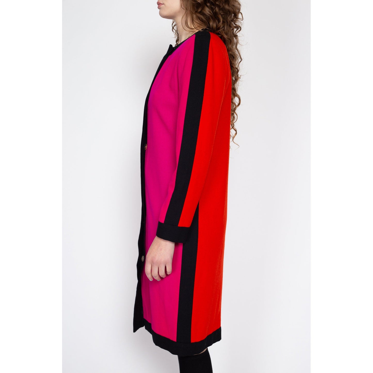 Medium 80s Hot Pink & Orange Color Block Wool Dress | Vintage Long Sleeve Button Up Midi Sweater Dress