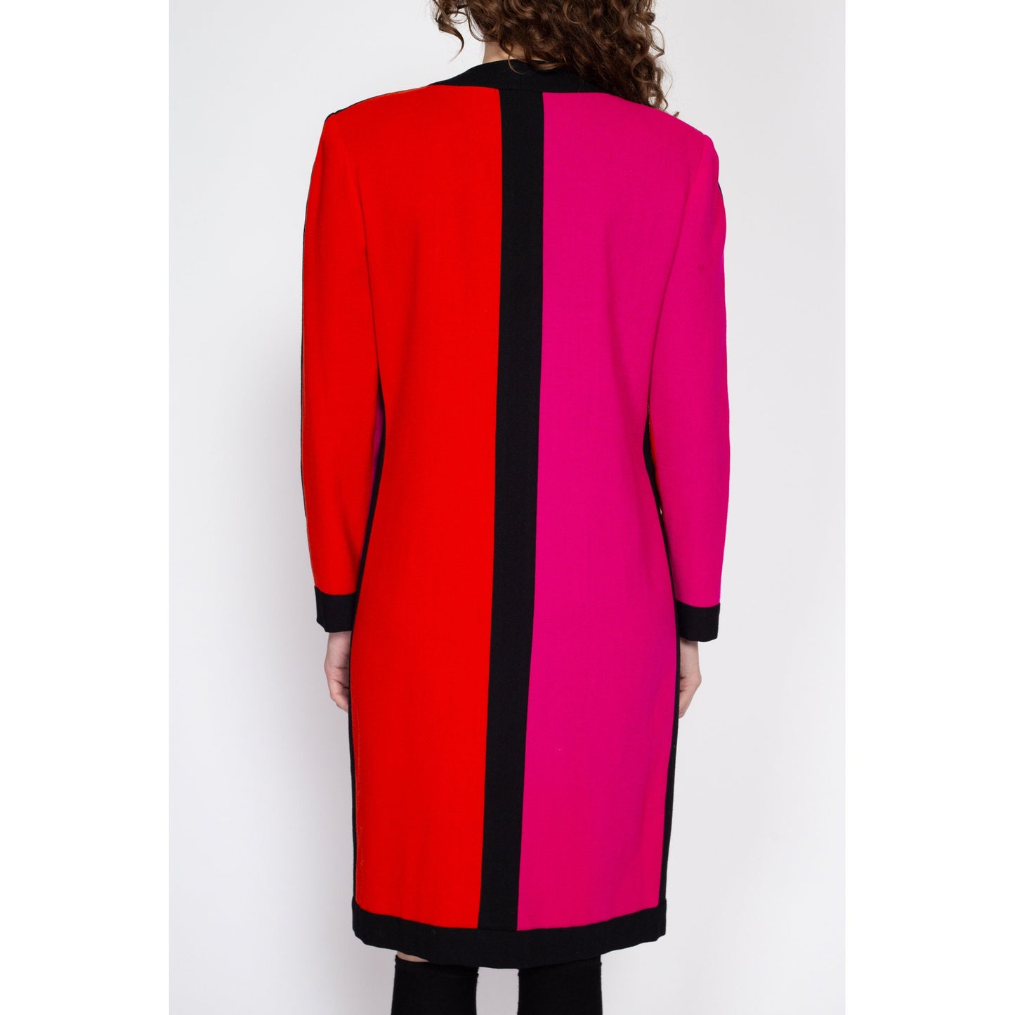 Medium 80s Hot Pink & Orange Color Block Wool Dress | Vintage Long Sleeve Button Up Midi Sweater Dress