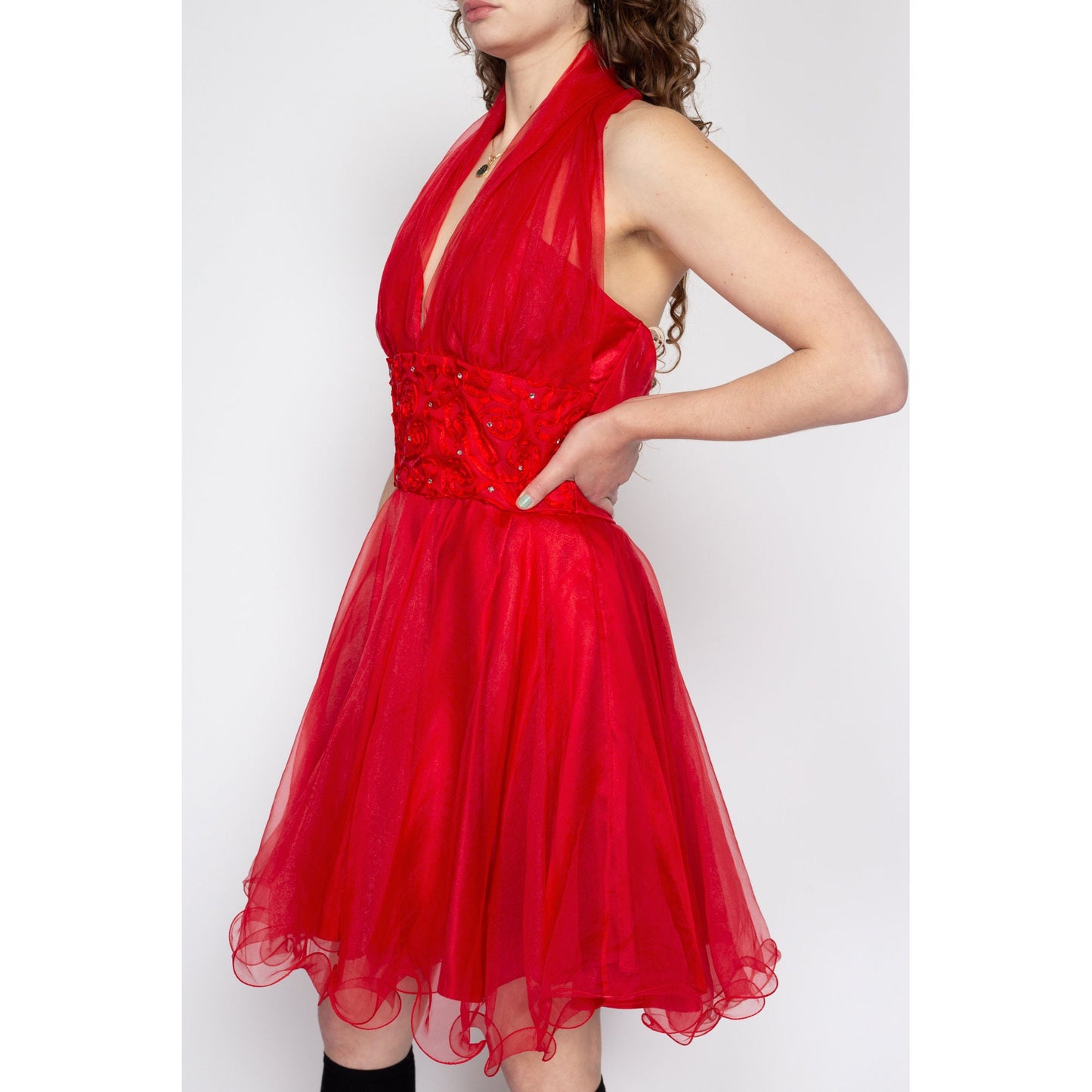 Medium 80s Red Halter Bombshell Party Dress | Vintage Faviana Fit & Flare Retro Low Back Mini Prom Dress