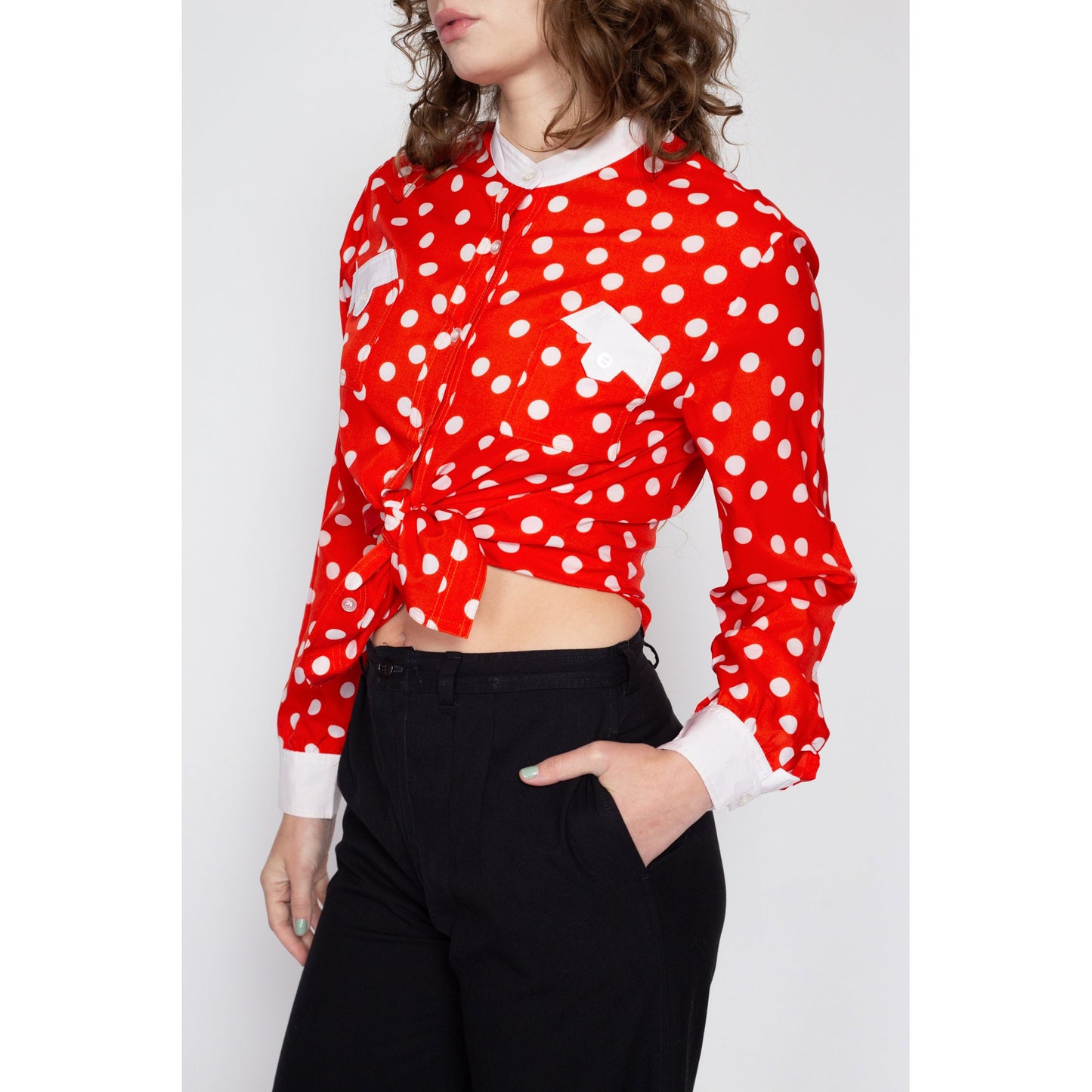 Large 70s Red & White Polka Dot Top | Retro Vintage Button Up Nehru Collar Shirt