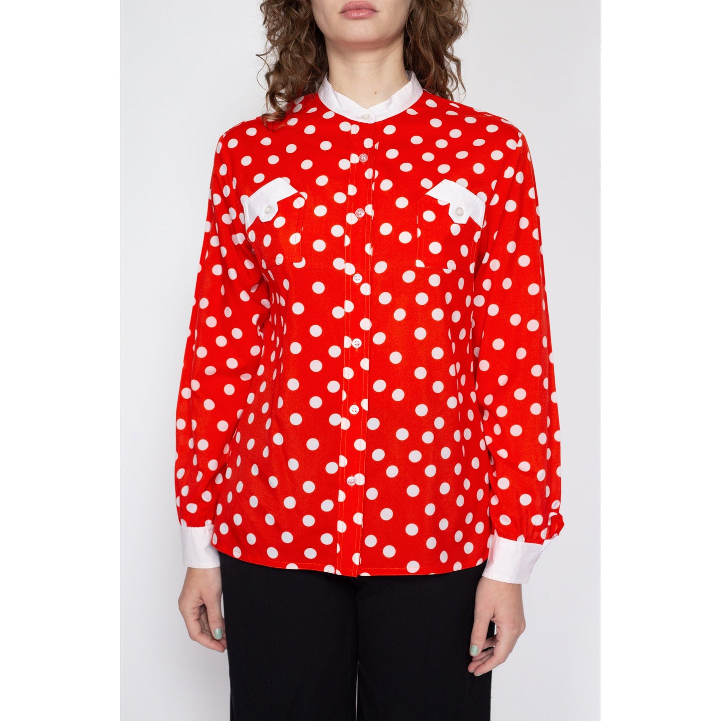 Large 70s Red & White Polka Dot Top | Retro Vintage Button Up Nehru Collar Shirt
