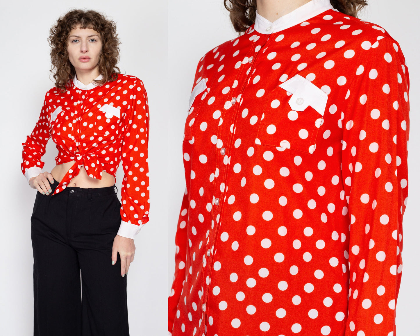 Large 70s Red & White Polka Dot Top | Retro Vintage Button Up Nehru Collar Shirt