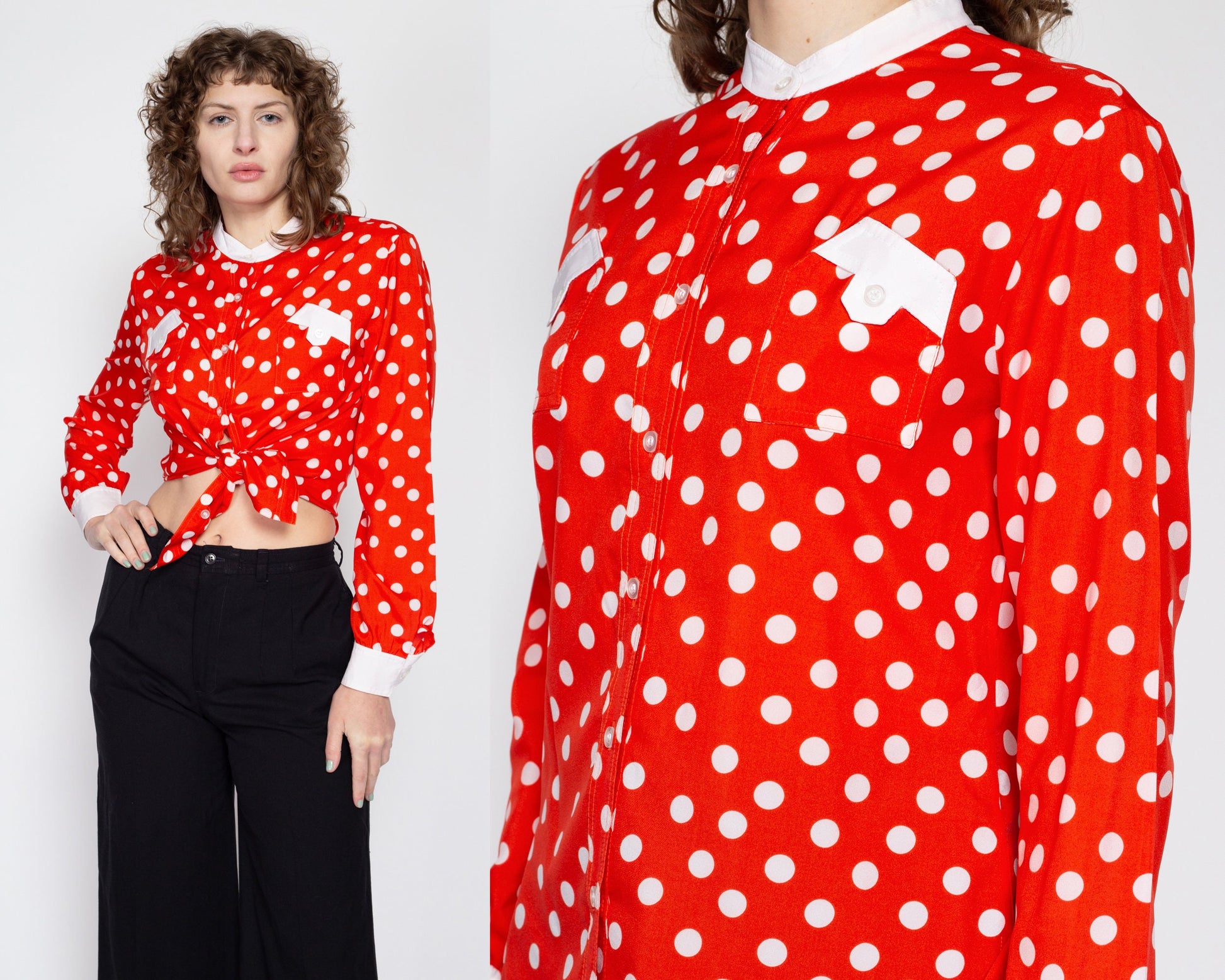 Large 70s Red & White Polka Dot Top | Retro Vintage Button Up Nehru Collar Shirt