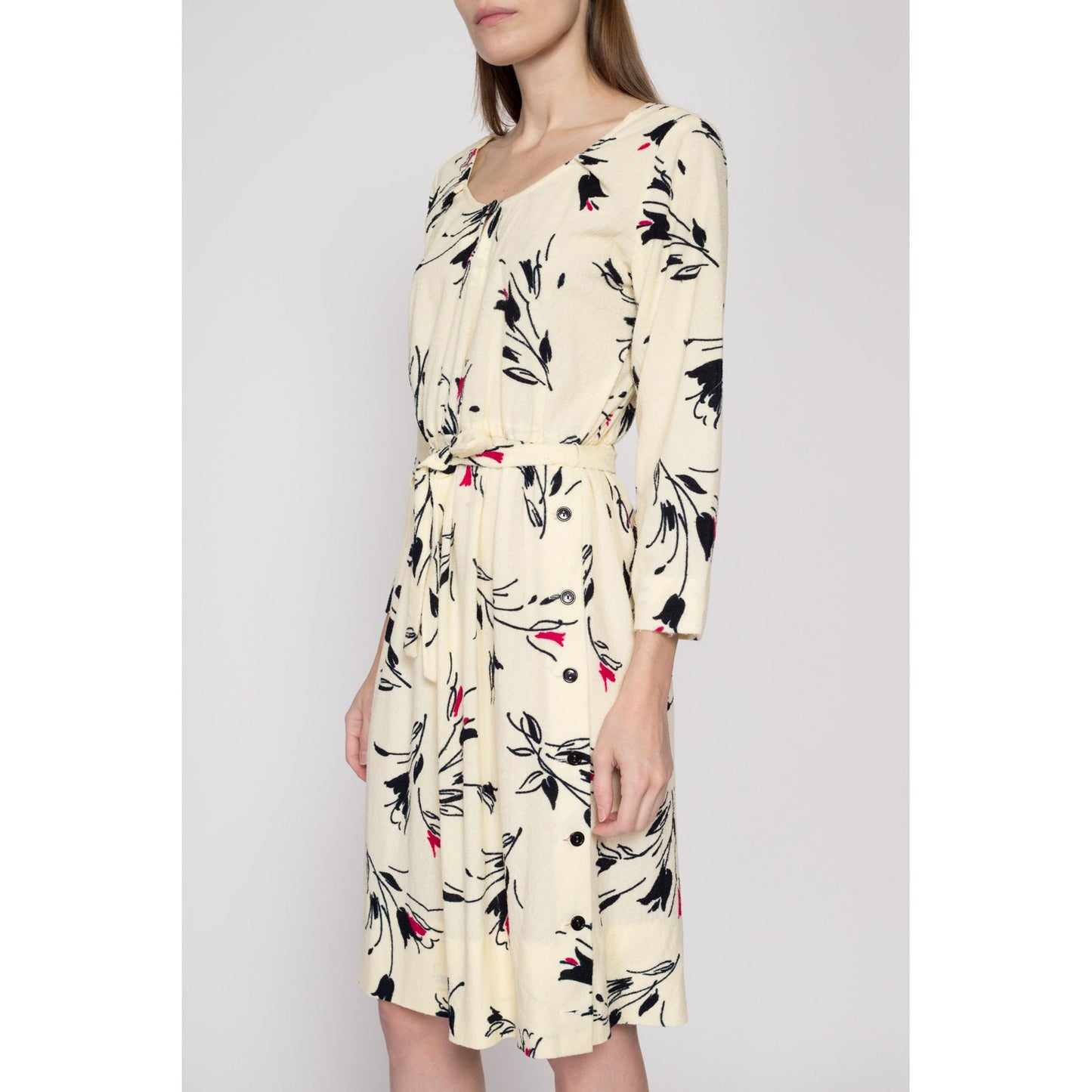 Medium 70s Floral Terrycloth Belted Dress | Retro Vintage Long Sleeve Secretary Dress