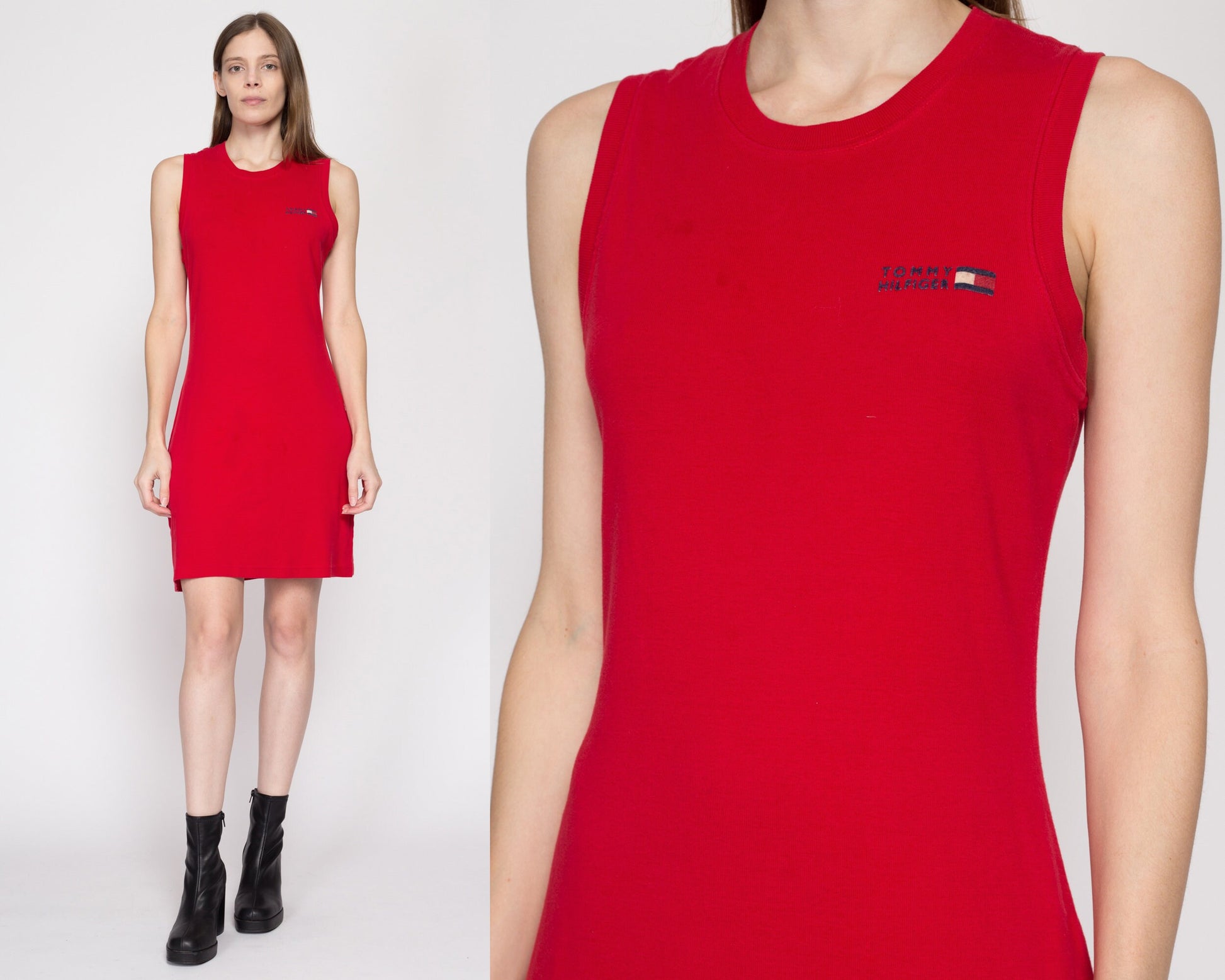Medium 90s Tommy Hilfiger Red Mini Dress | Vintage Sporty Sleeveless Stretchy Tank Dress