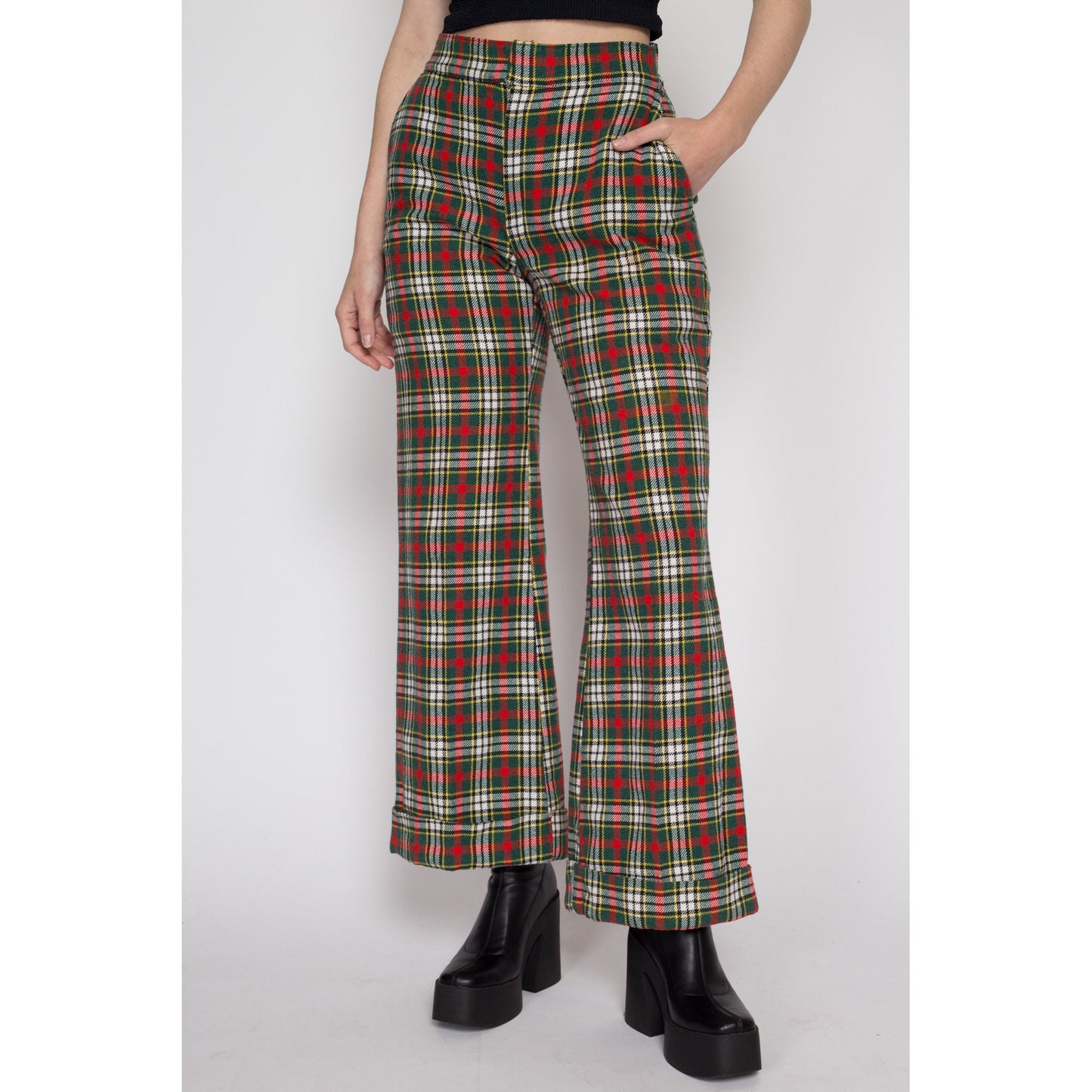 Sm-Med 70s Red & Green Plaid Flares 27"-31" | Vintage Retro Knit Trousers Colorful Flared Cuffed Pants