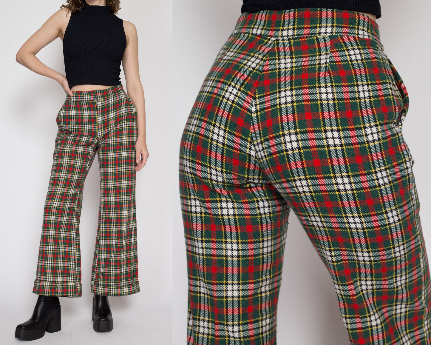 Sm-Med 70s Red & Green Plaid Flares 27"-31" | Vintage Retro Knit Trousers Colorful Flared Cuffed Pants