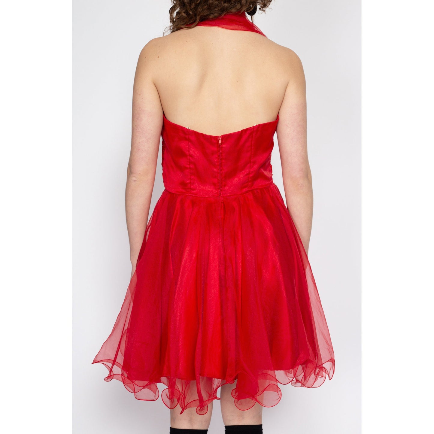 Medium 80s Red Halter Bombshell Party Dress | Vintage Faviana Fit & Flare Retro Low Back Mini Prom Dress