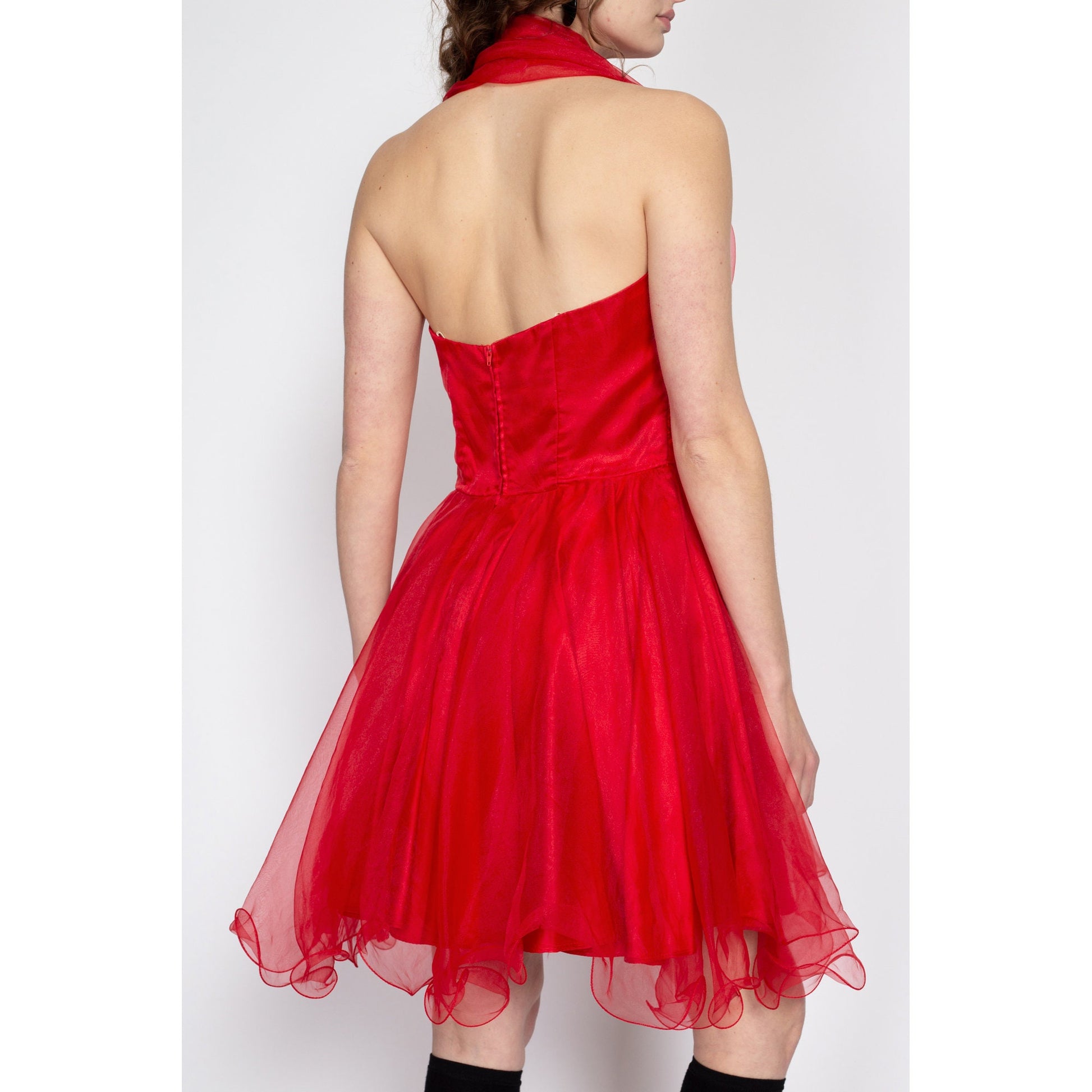 Medium 80s Red Halter Bombshell Party Dress | Vintage Faviana Fit & Flare Retro Low Back Mini Prom Dress