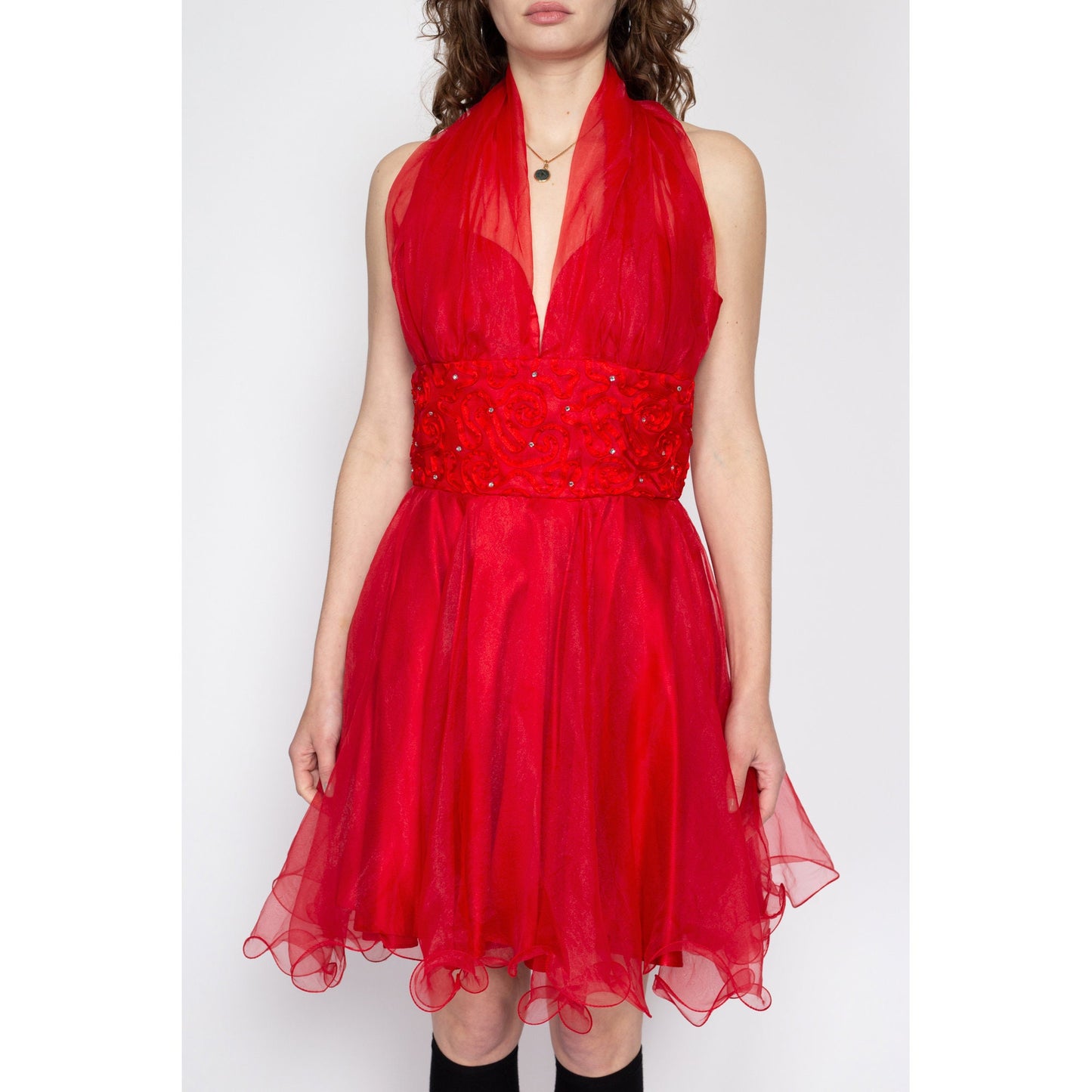 Medium 80s Red Halter Bombshell Party Dress | Vintage Faviana Fit & Flare Retro Low Back Mini Prom Dress