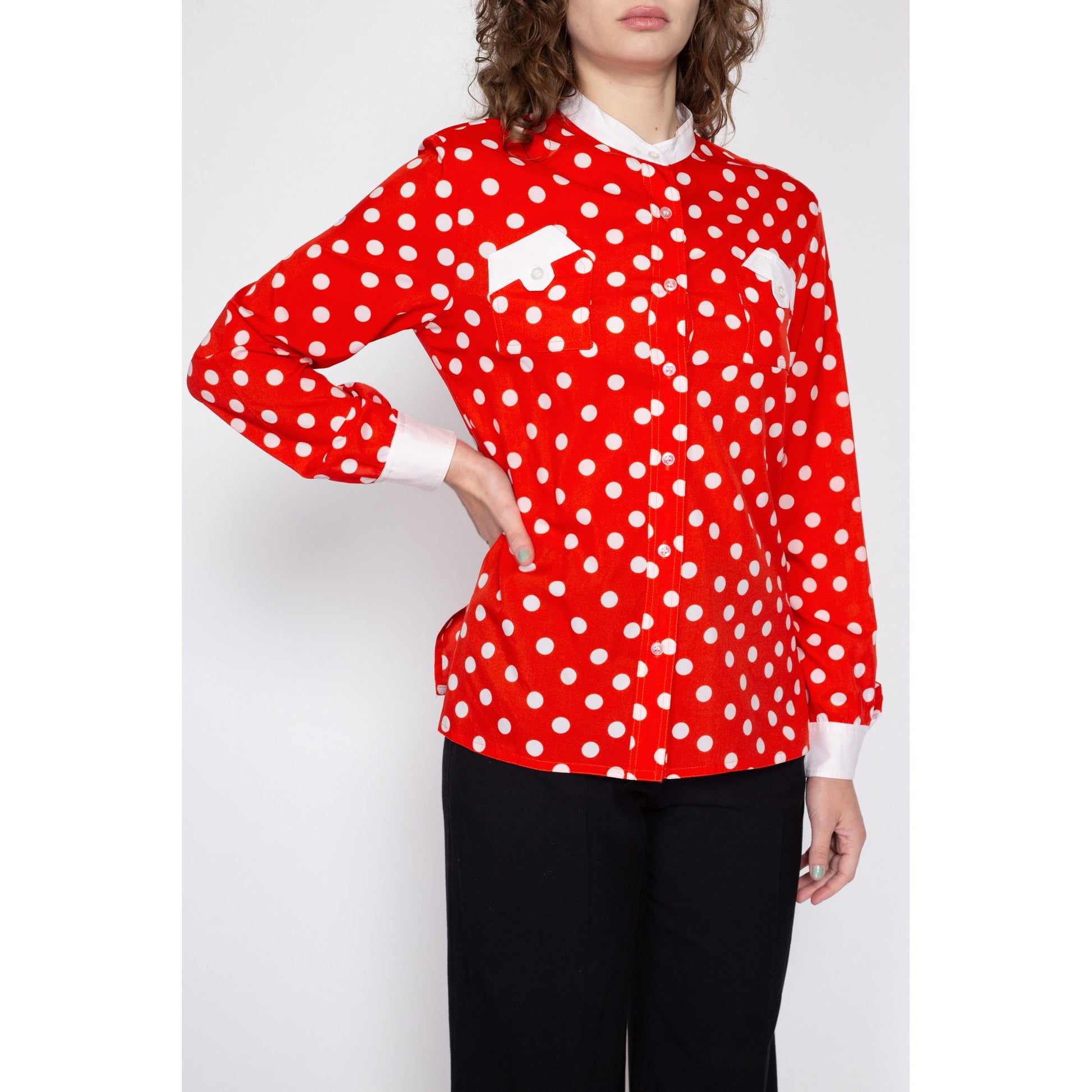 Large 70s Red & White Polka Dot Top | Retro Vintage Button Up Nehru Collar Shirt