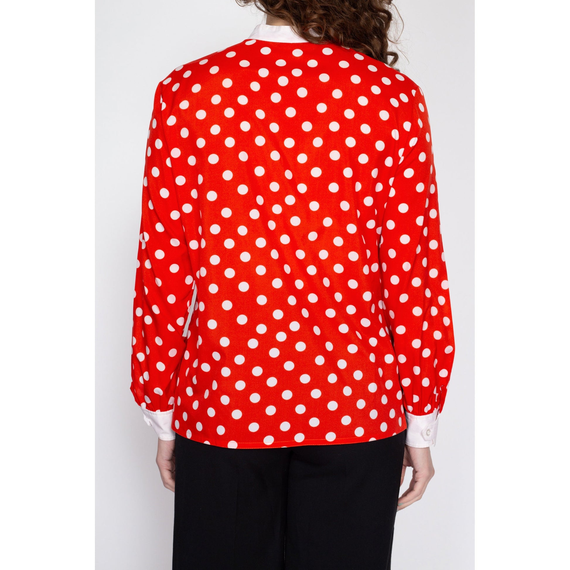Large 70s Red & White Polka Dot Top | Retro Vintage Button Up Nehru Collar Shirt