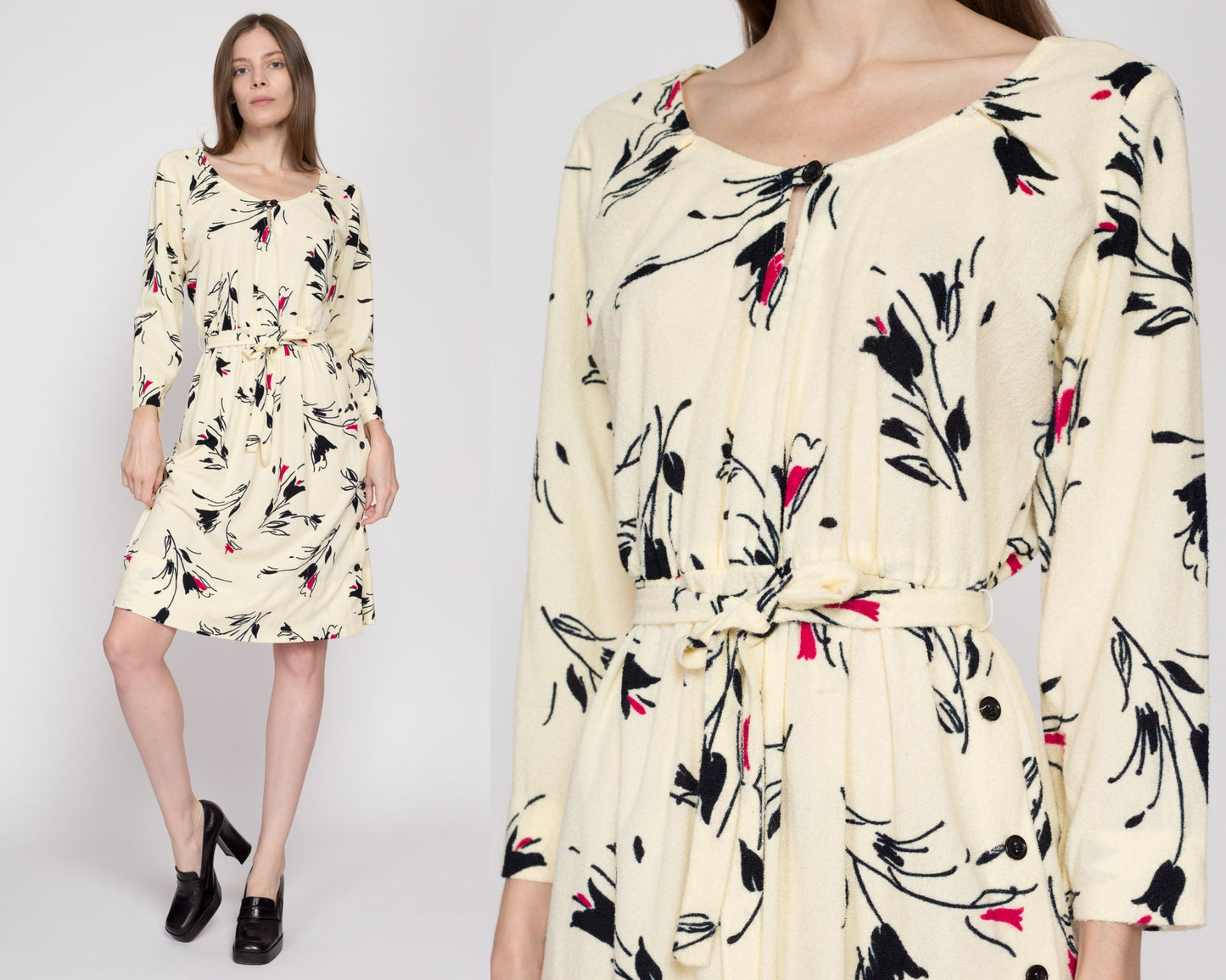 Medium 70s Floral Terrycloth Belted Dress | Retro Vintage Long Sleeve Secretary Dress