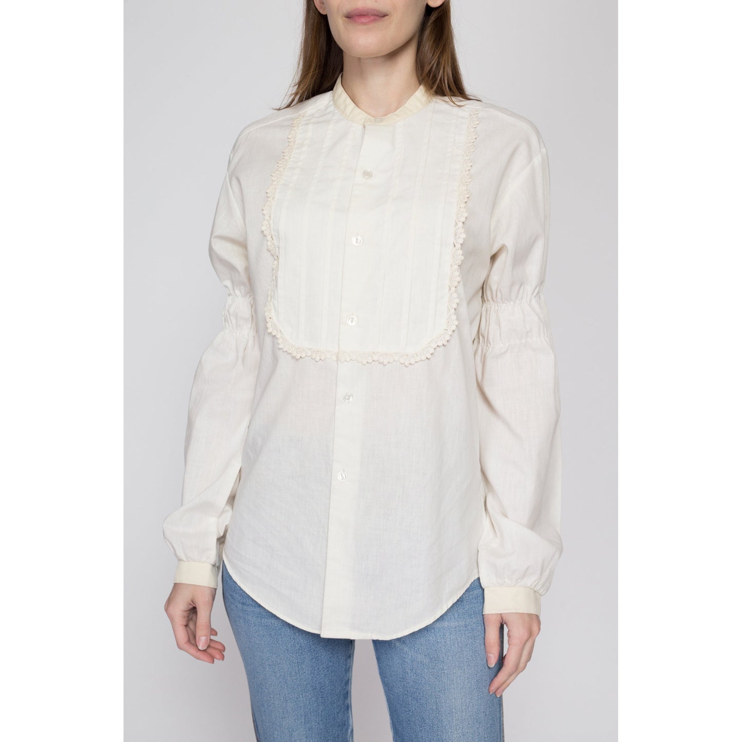 Med-Lrg 70s Does Victorian White Bishop Sleeve Shirt Unisex | Kennington Boho Vintage Lace Trim Pirate Renaissance Blouse