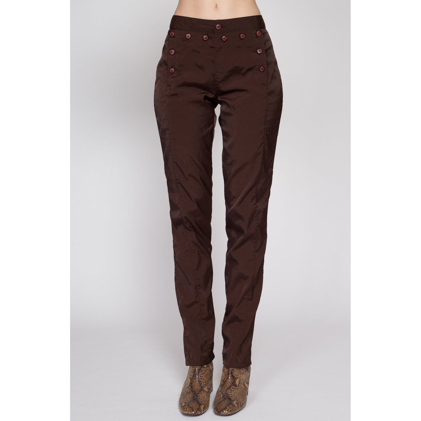 Small 90s Z Cavaricci Chocolate Brown Sailor Pants | Vintage Tapered Leg Mid Rise Shiny Windbreaker Trousers