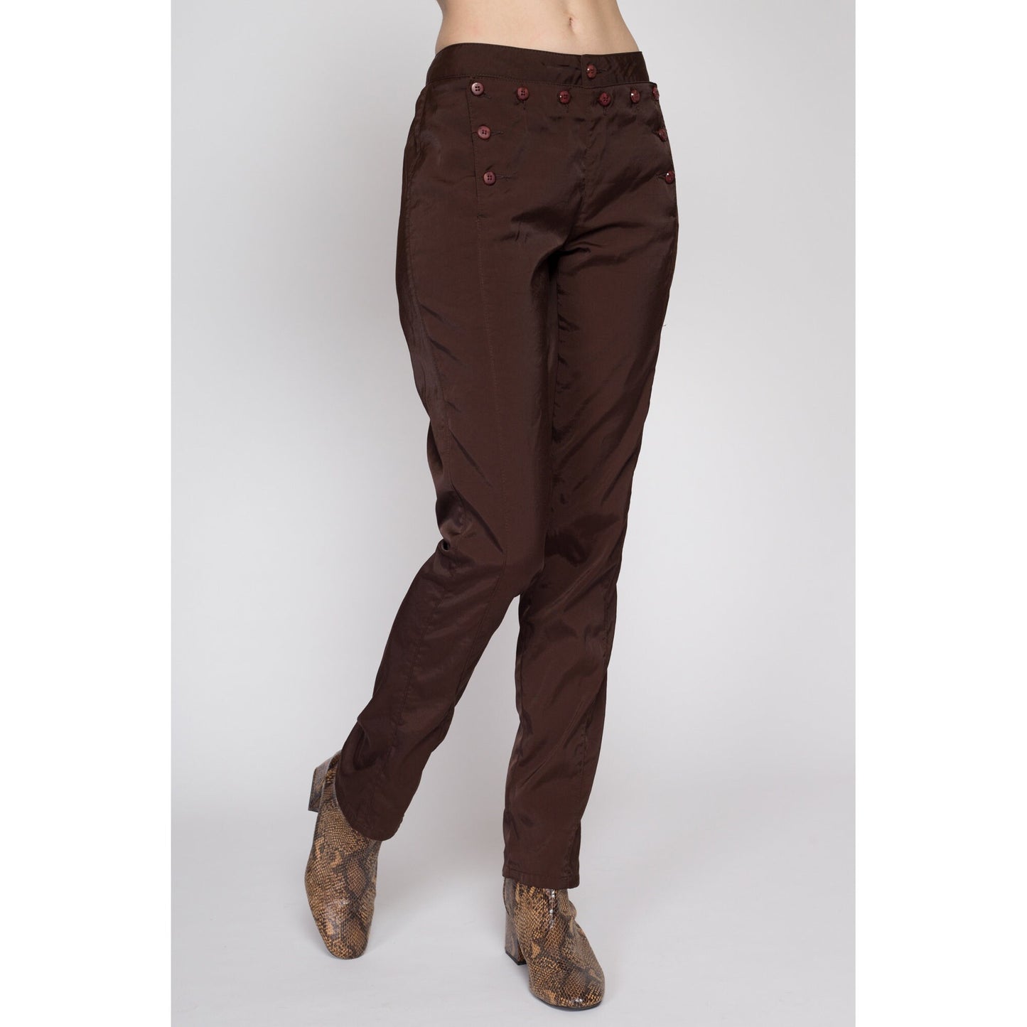 Small 90s Z Cavaricci Chocolate Brown Sailor Pants | Vintage Tapered Leg Mid Rise Shiny Windbreaker Trousers