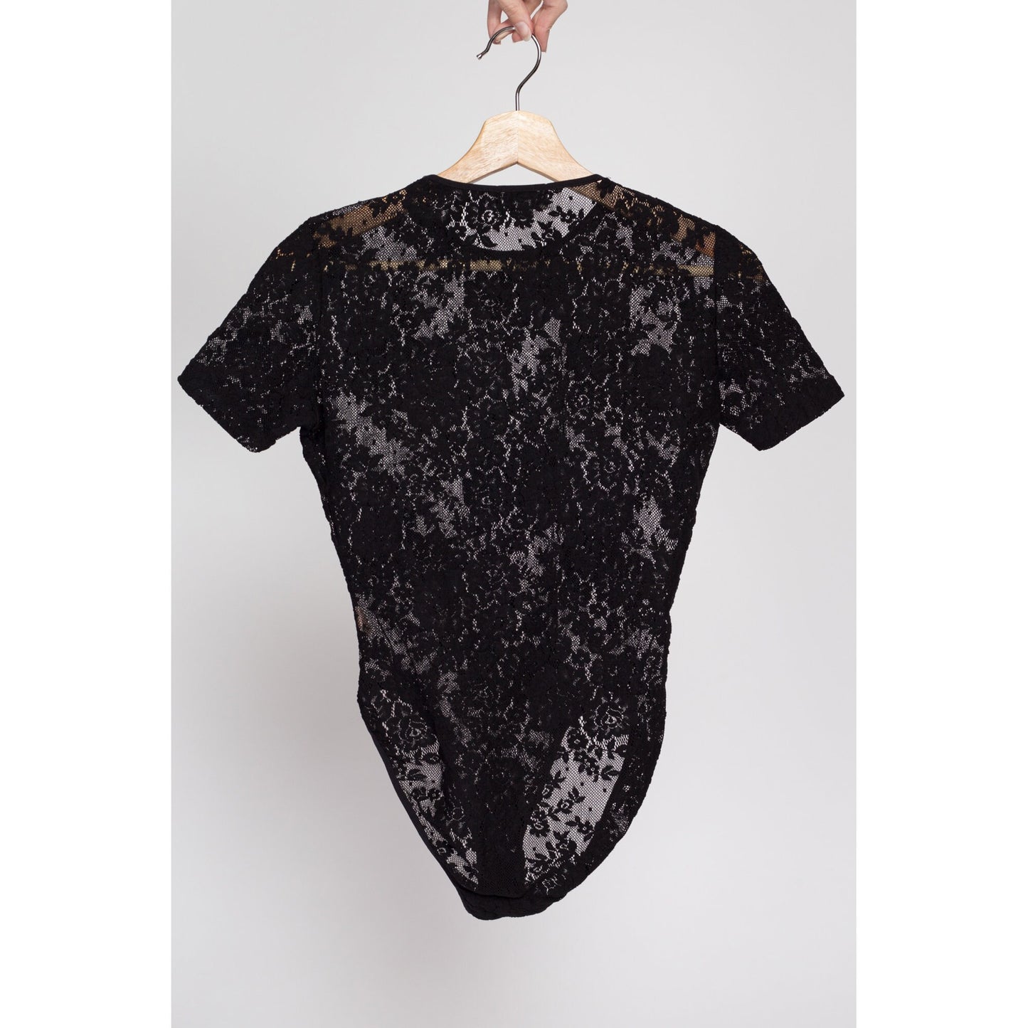 Small 90s Black Lace Bodysuit Top | Vintage Ann Taylor Sheer Short Sleeve One Piece