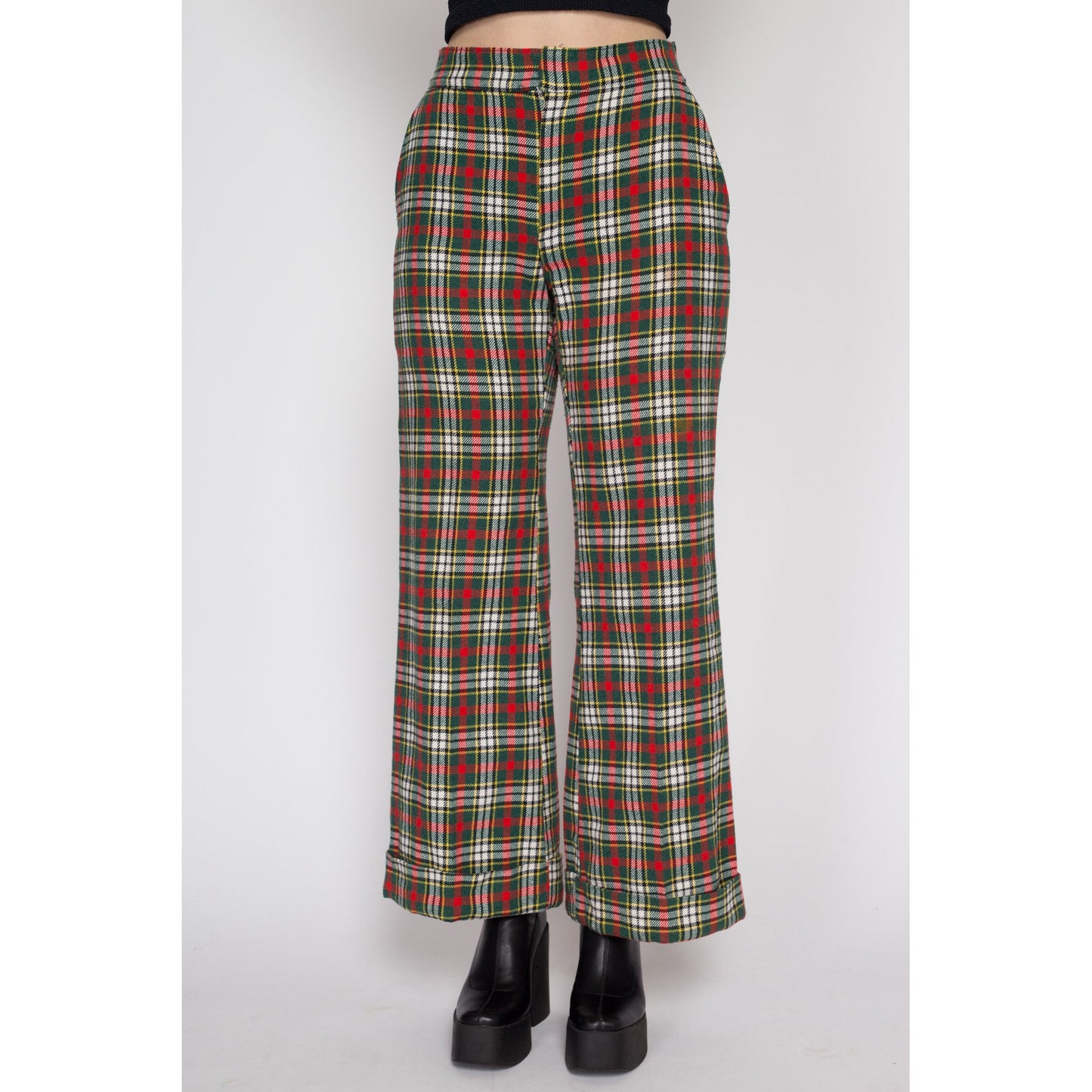 Sm-Med 70s Red & Green Plaid Flares 27"-31" | Vintage Retro Knit Trousers Colorful Flared Cuffed Pants