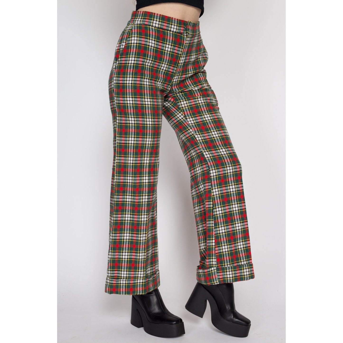 Sm-Med 70s Red & Green Plaid Flares 27"-31" | Vintage Retro Knit Trousers Colorful Flared Cuffed Pants