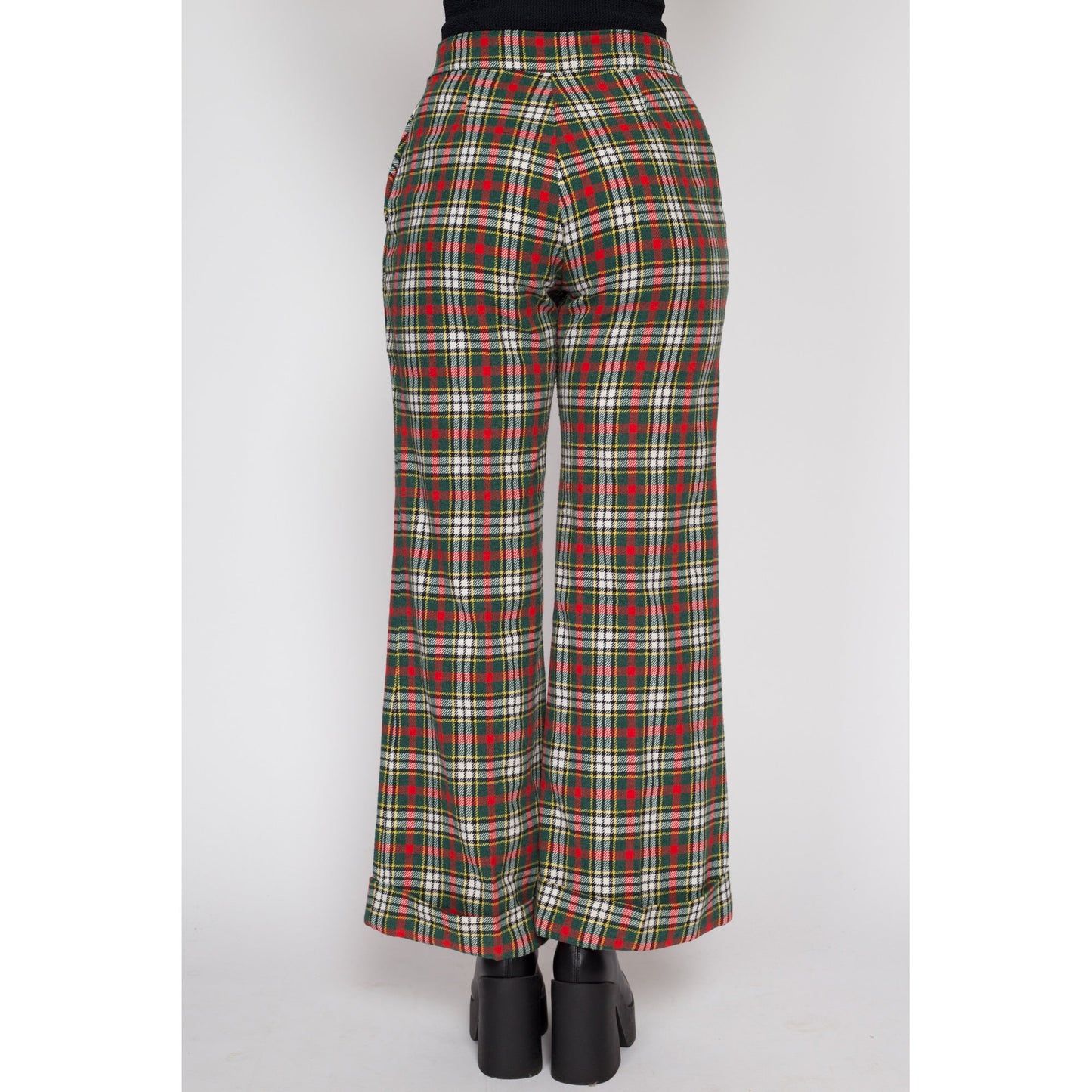 Sm-Med 70s Red & Green Plaid Flares 27"-31" | Vintage Retro Knit Trousers Colorful Flared Cuffed Pants