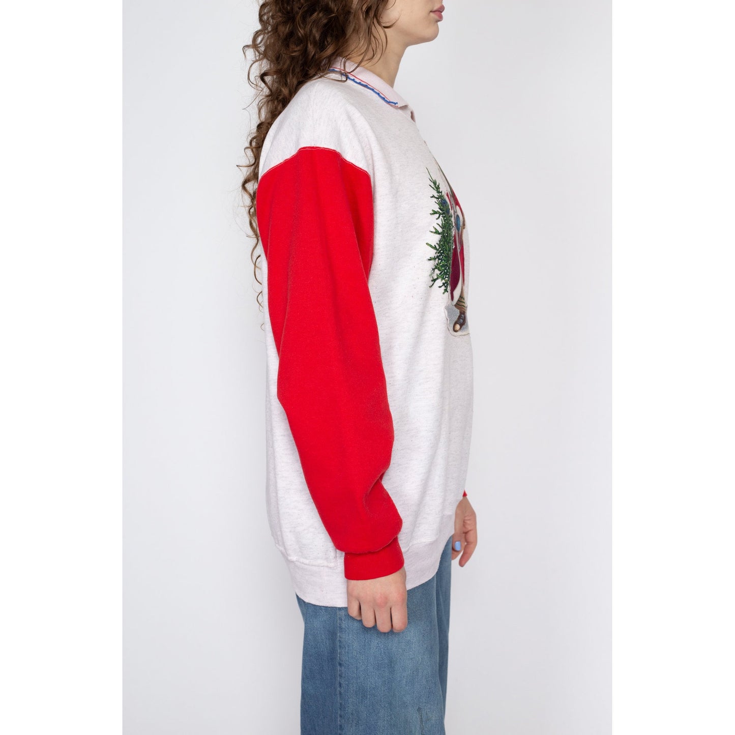Large 90s Santa Claus Christmas Sweatshirt | Vintage Red Color Block Collared Graphic Pullover