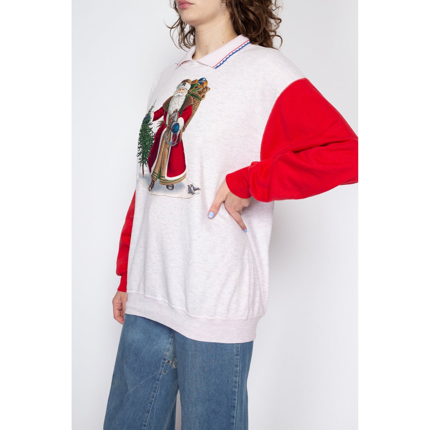 Large 90s Santa Claus Christmas Sweatshirt | Vintage Red Color Block Collared Graphic Pullover