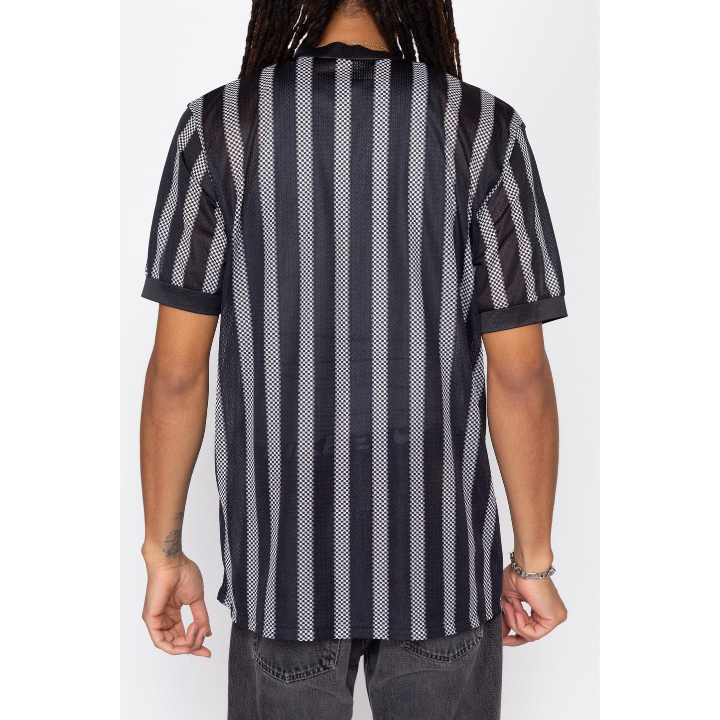 Large 90s Umbro Striped Soccer Jersey | Vintage Referee Grey Black Mesh Vertical Stripe Athletic Shirt