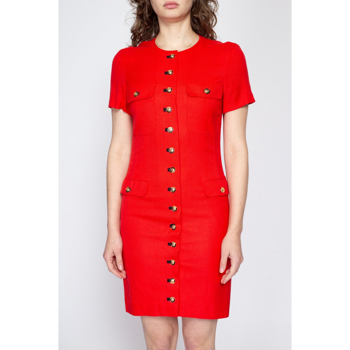 Small 90s Louis Feraud Red Mini Dress | Vintage Button Up Short Sleeve Secretary Dress