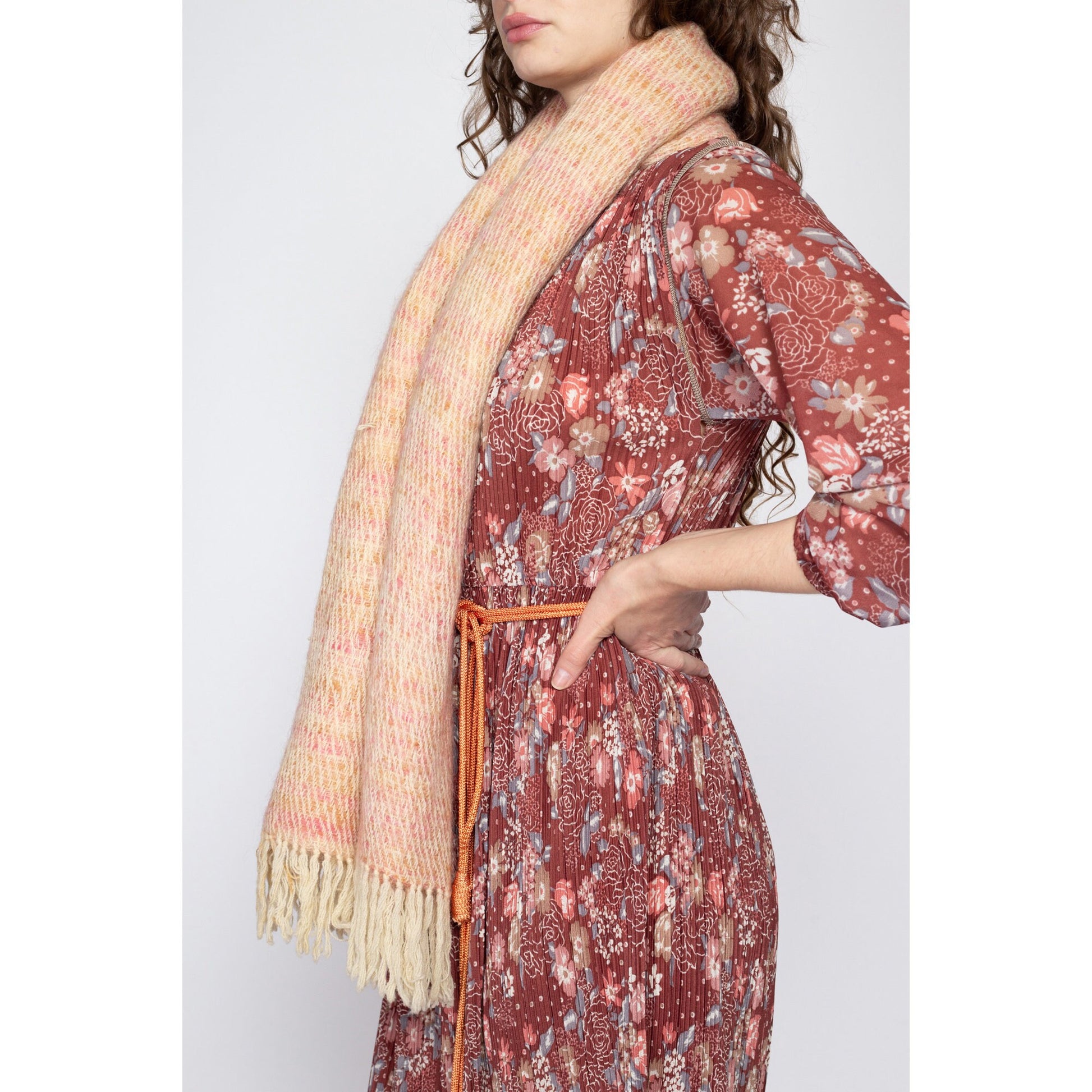 Vintage 70s Hand Knit Wool Striped Large Fringe Scarf