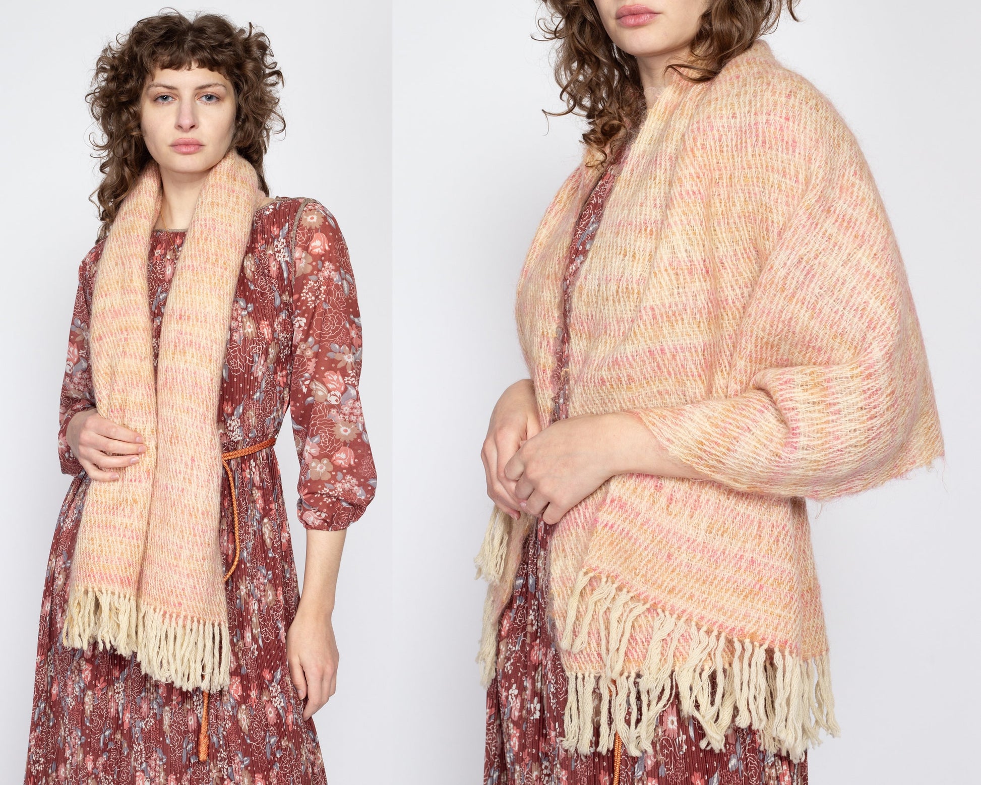 Vintage 70s Hand Knit Wool Striped Large Fringe Scarf