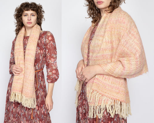 Vintage 70s Hand Knit Wool Striped Large Fringe Scarf