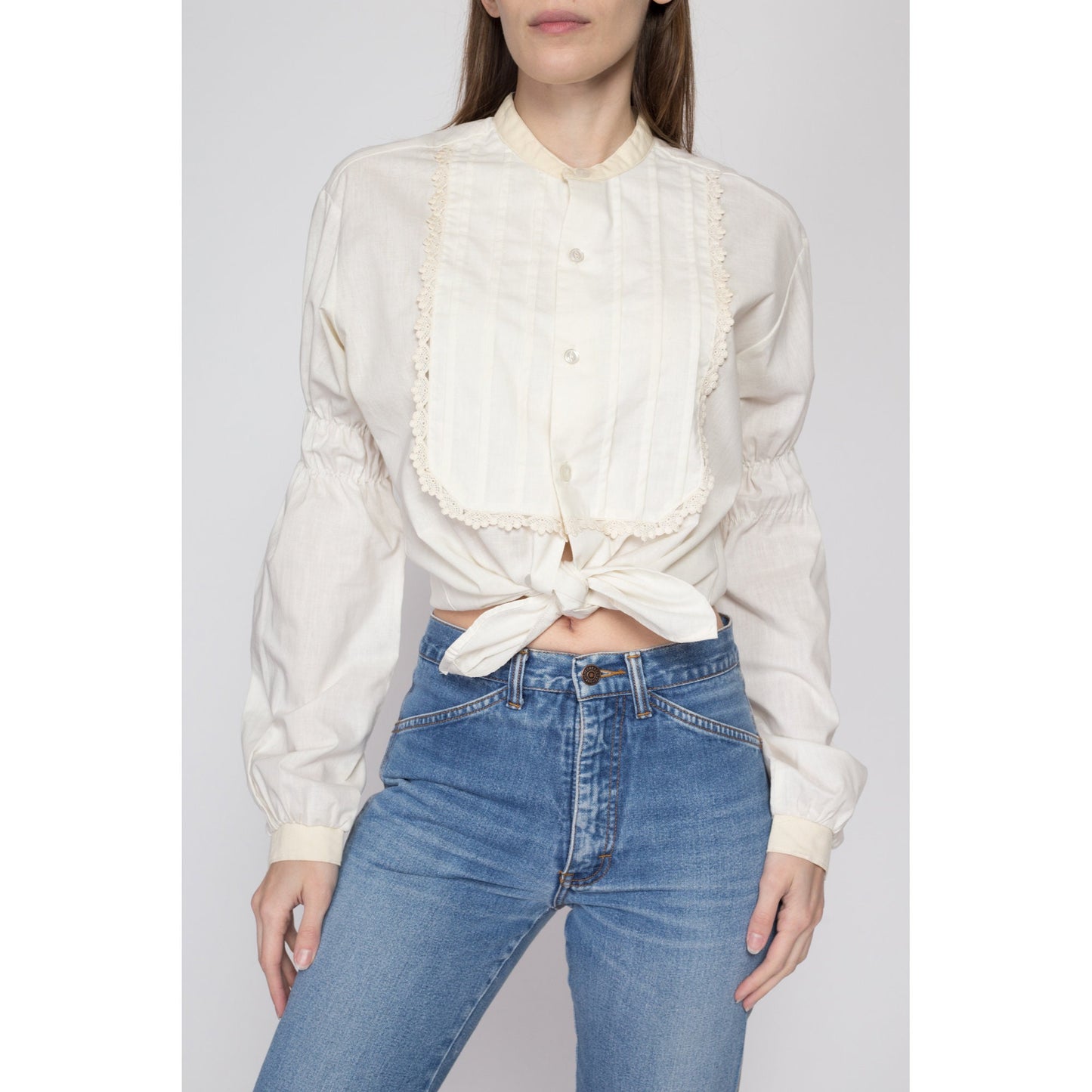 Med-Lrg 70s Does Victorian White Bishop Sleeve Shirt Unisex | Kennington Boho Vintage Lace Trim Pirate Renaissance Blouse