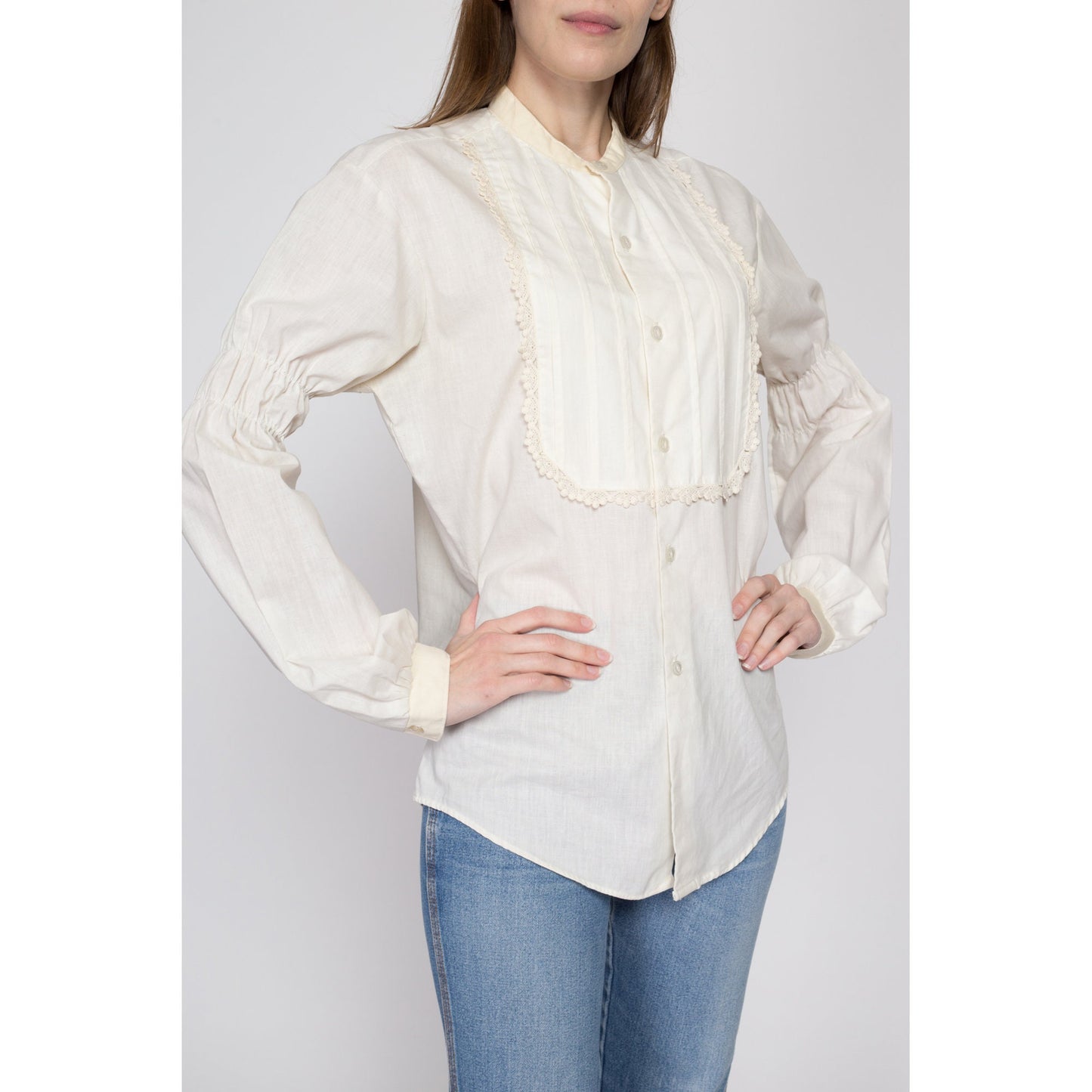 Med-Lrg 70s Does Victorian White Bishop Sleeve Shirt Unisex | Kennington Boho Vintage Lace Trim Pirate Renaissance Blouse