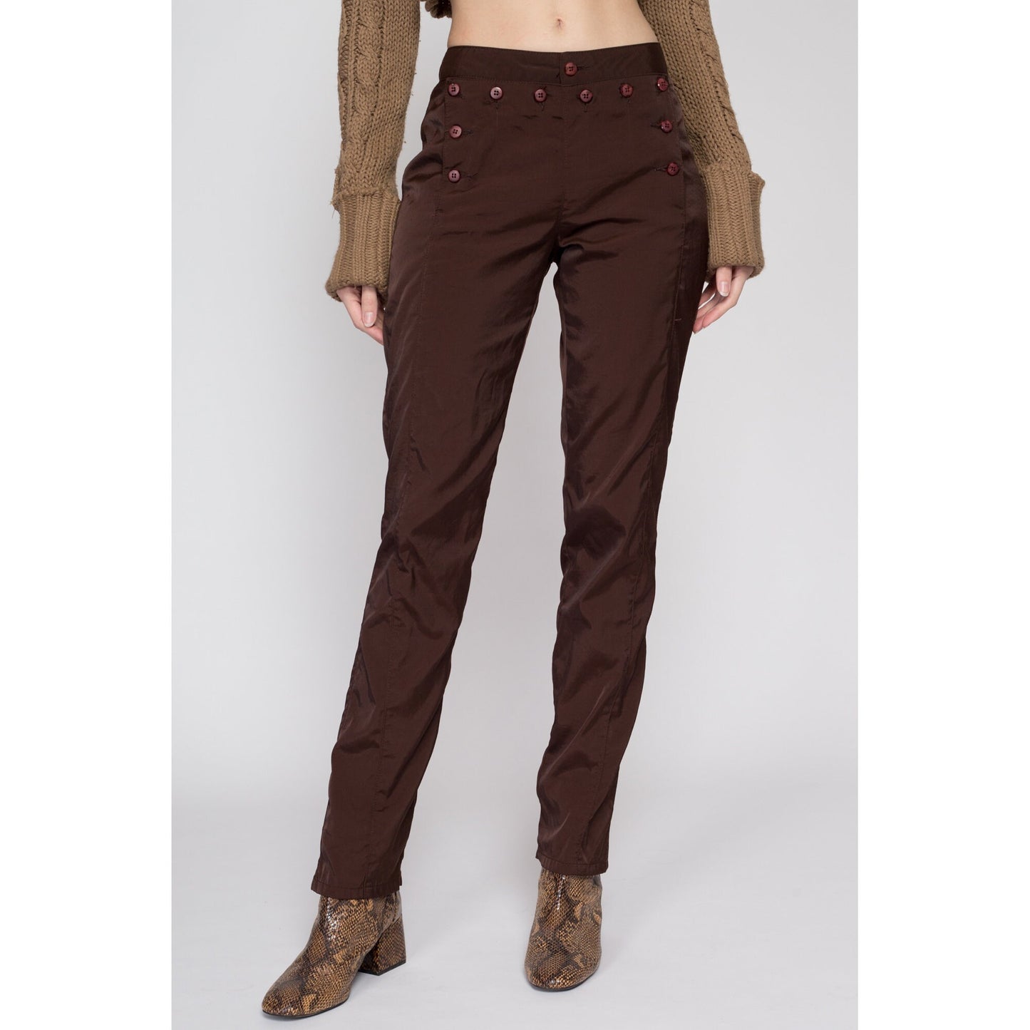 Small 90s Z Cavaricci Chocolate Brown Sailor Pants | Vintage Tapered Leg Mid Rise Shiny Windbreaker Trousers