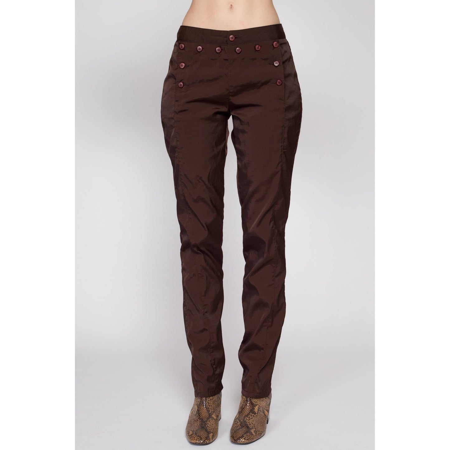 Small 90s Z Cavaricci Chocolate Brown Sailor Pants | Vintage Tapered Leg Mid Rise Shiny Windbreaker Trousers