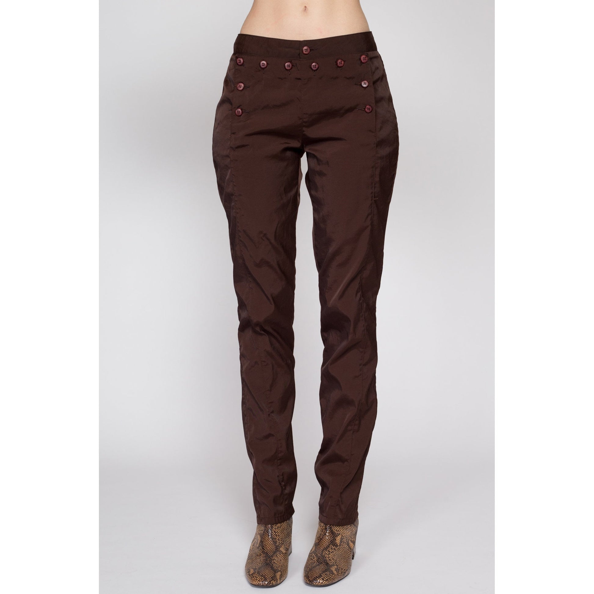 Small 90s Z Cavaricci Chocolate Brown Sailor Pants | Vintage Tapered Leg Mid Rise Shiny Windbreaker Trousers