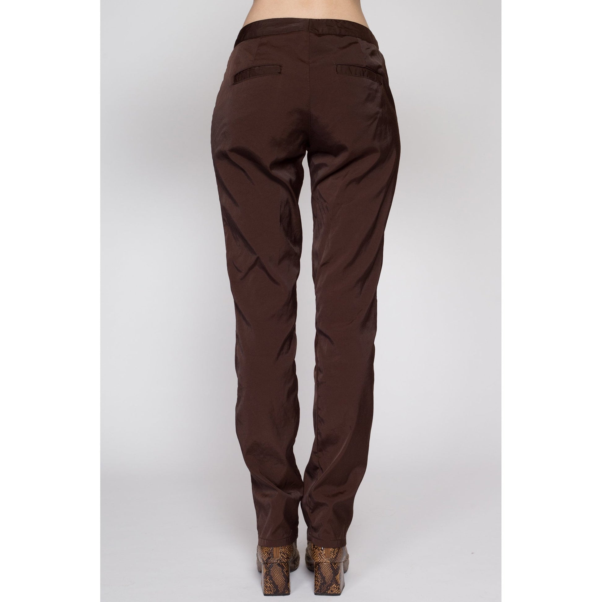Small 90s Z Cavaricci Chocolate Brown Sailor Pants | Vintage Tapered Leg Mid Rise Shiny Windbreaker Trousers