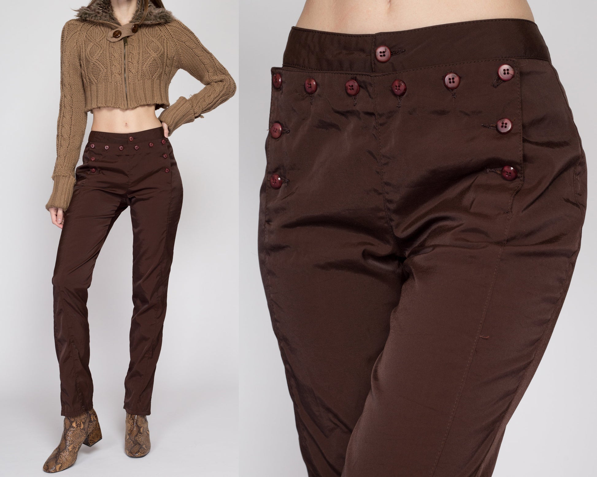Small 90s Z Cavaricci Chocolate Brown Sailor Pants | Vintage Tapered Leg Mid Rise Shiny Windbreaker Trousers