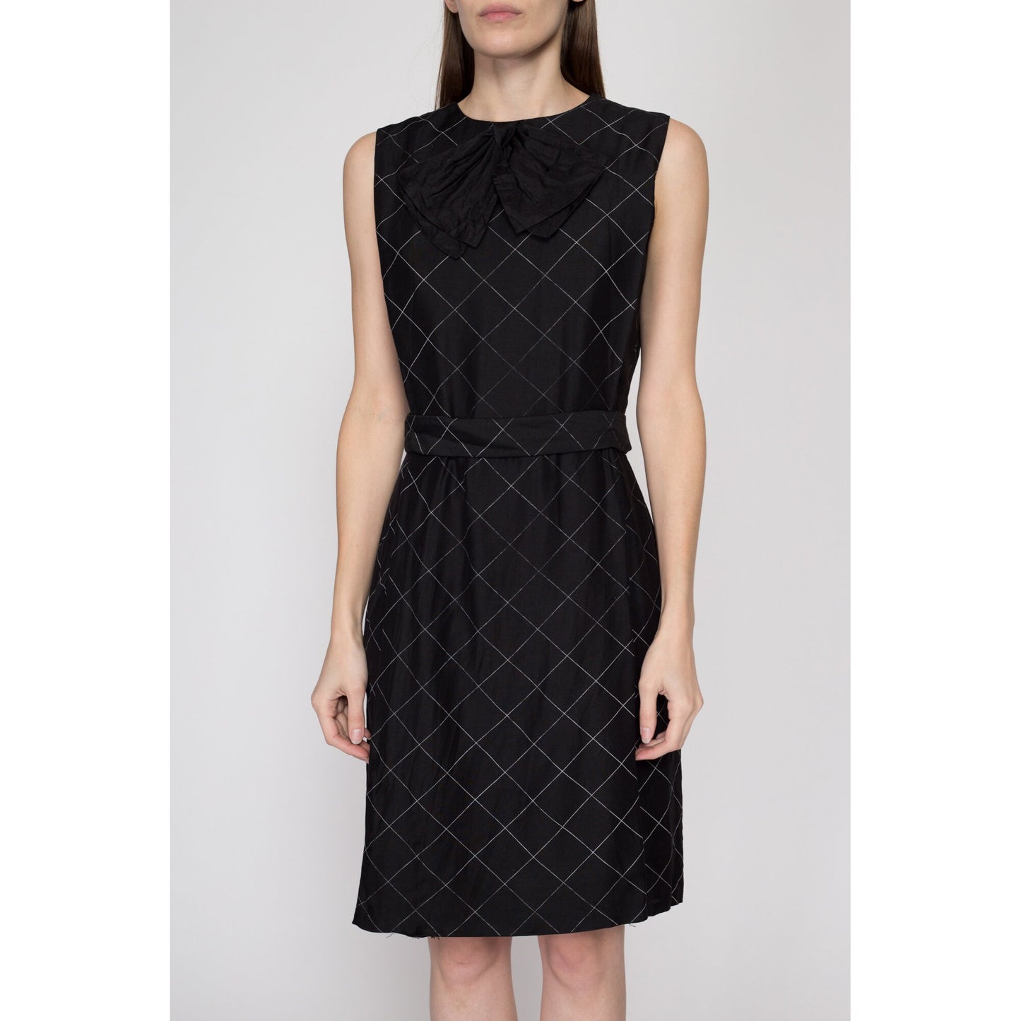 Small 60s Black & White Grid Print Mini Dress, As Is | Vintage Sleeveless A Line Belted Bow Dress