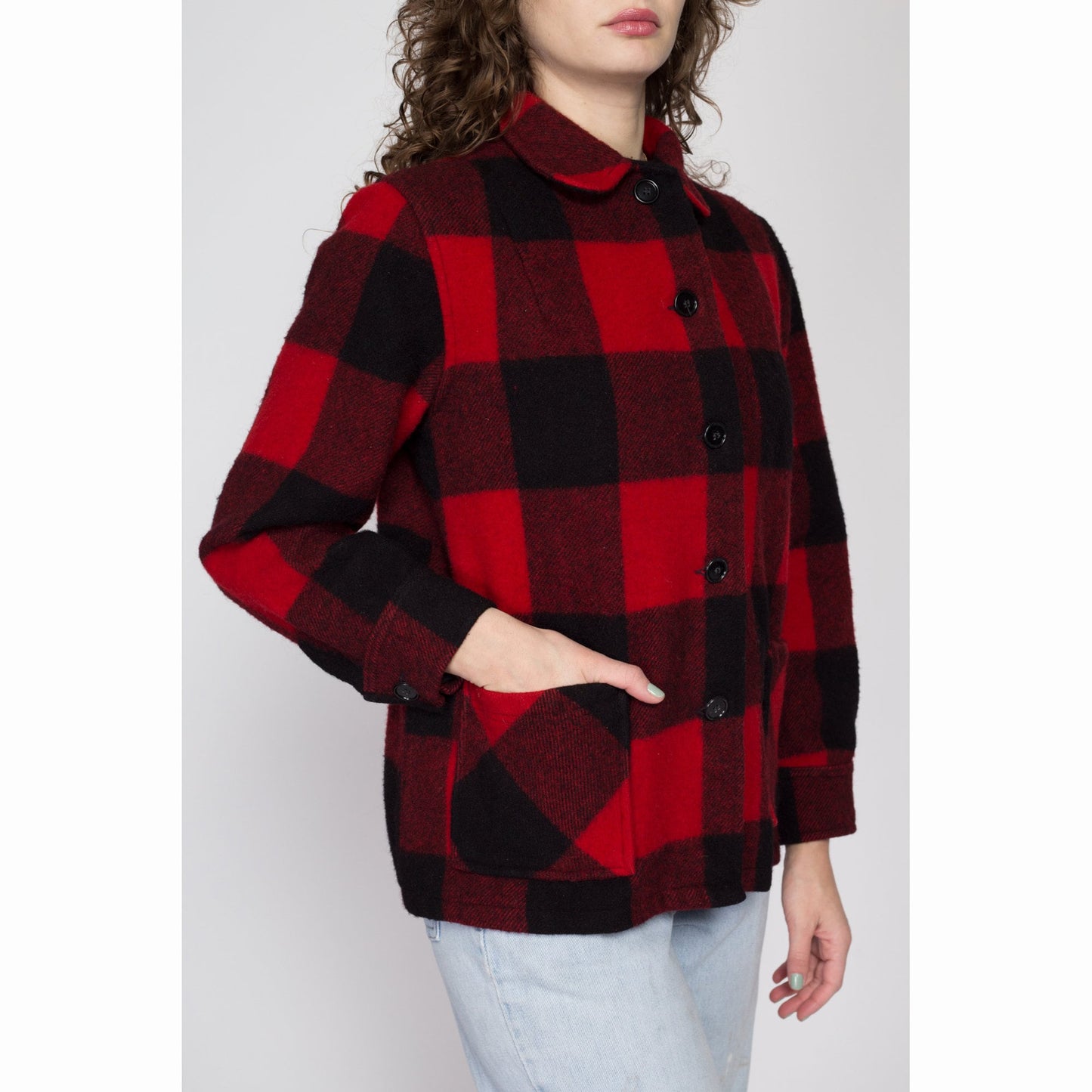 Petite Medium 60s 70s Buffalo Plaid Wool Jacket | Vintage Black & Red Button Up Lumberjack Overshirt Shacket