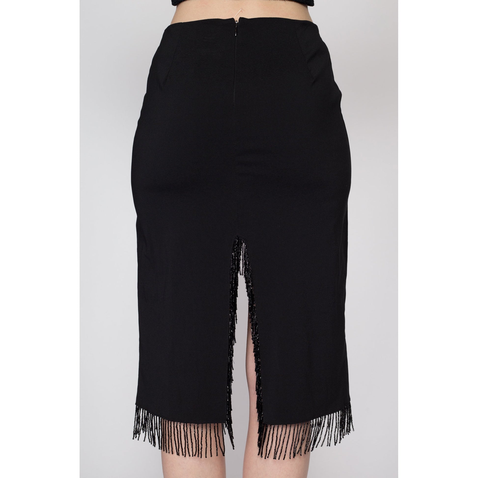 Small 90s Black Beaded Fringe Slit Skirt | Vintage High Waisted Knee Length Midi Pencil Skirt
