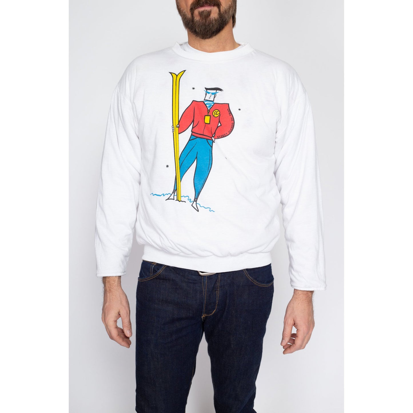 Small 80s Reversible Ski Graphic Sweatshirt | Vintage White Winter Sports All Over Print Graphic Puffy Pullover