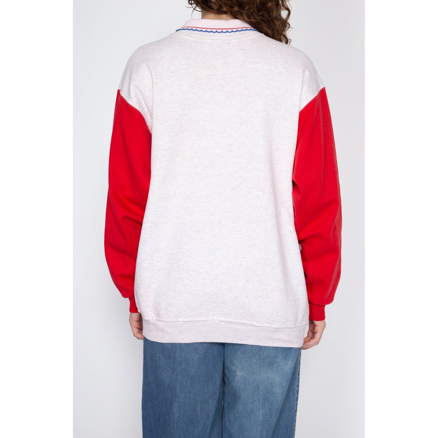 Large 90s Santa Claus Christmas Sweatshirt | Vintage Red Color Block Collared Graphic Pullover