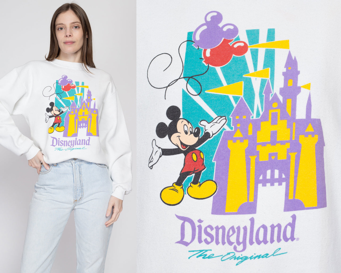 Medium 90s Disneyland Mickey Mouse Sweatshirt | Vintage White Graphic Cartoon Crewneck